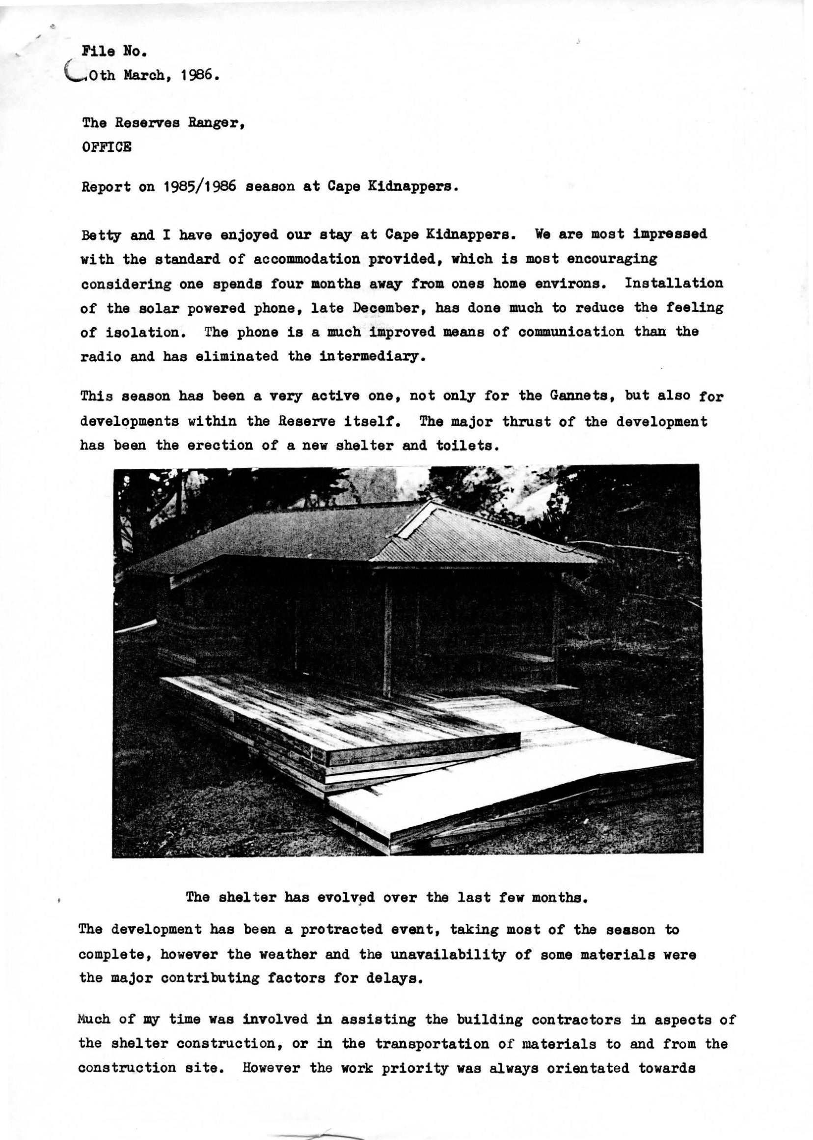 Cape Kidnappers ranger report 1985-86 P A Thomas