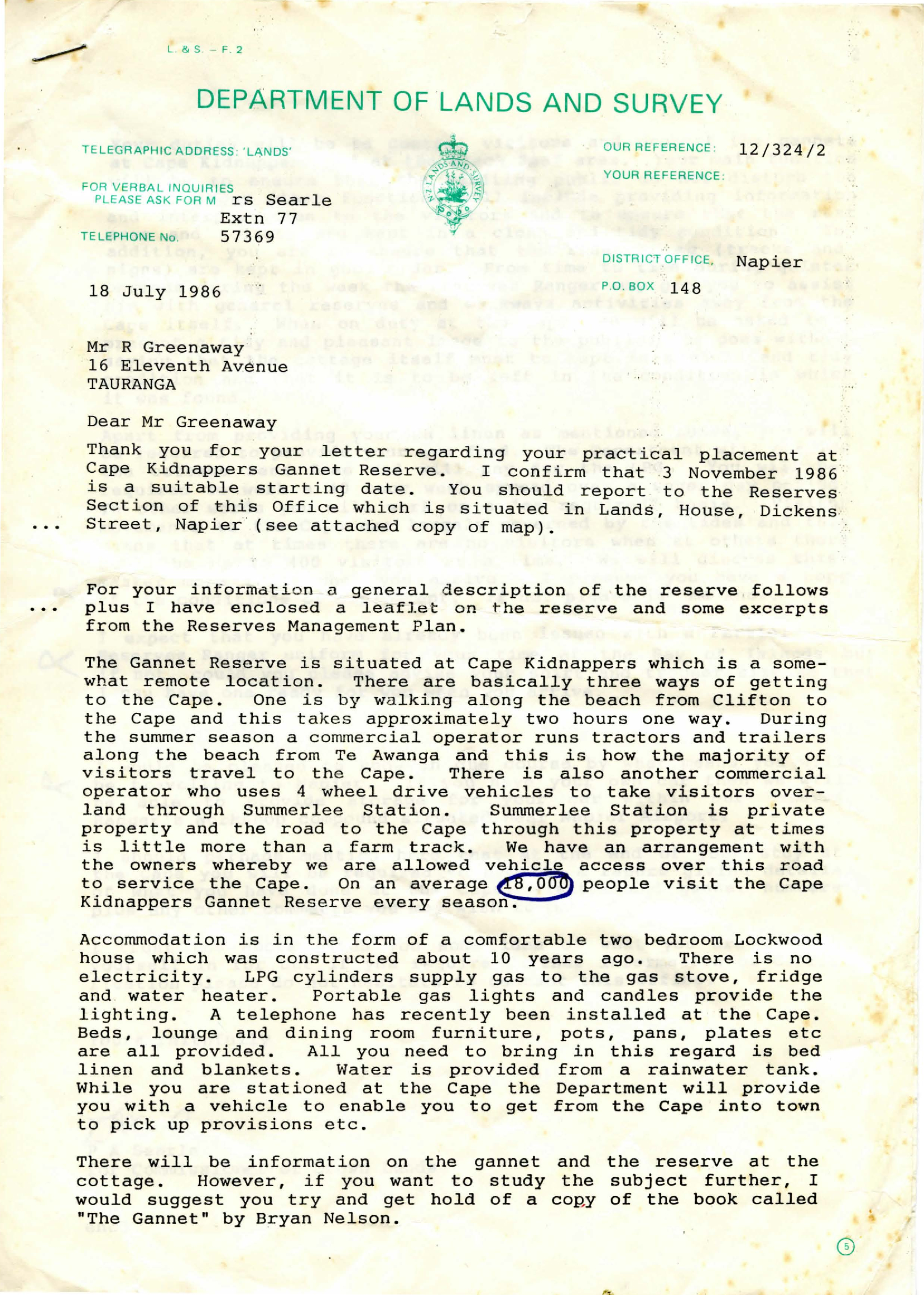 Cape Kidnappers seasonal employment letter 1986 PA Searle to RJ Greenaway