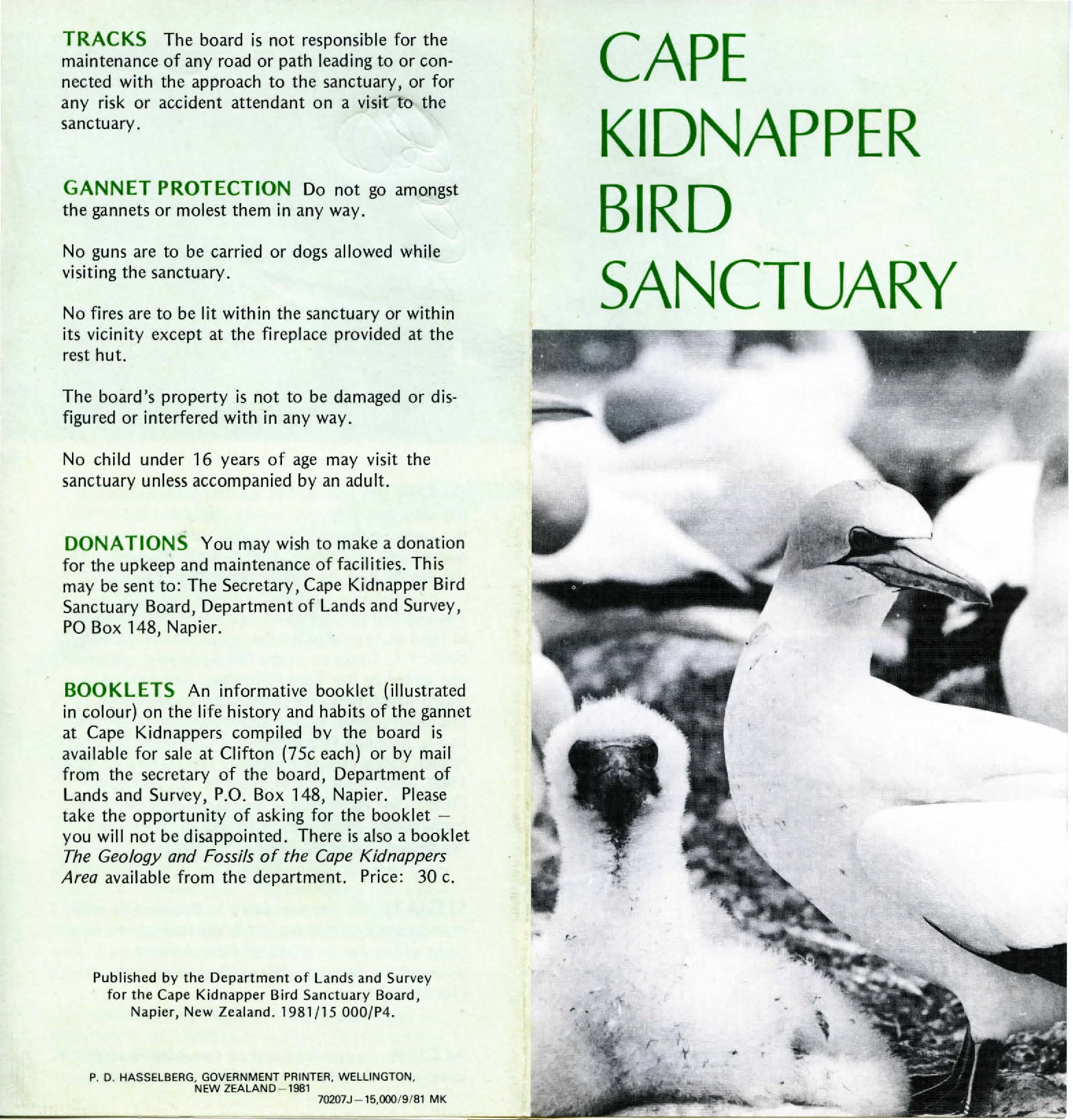 Cape Kidnappers Bird Sanctuary visitor brochure L&amp;S 1981