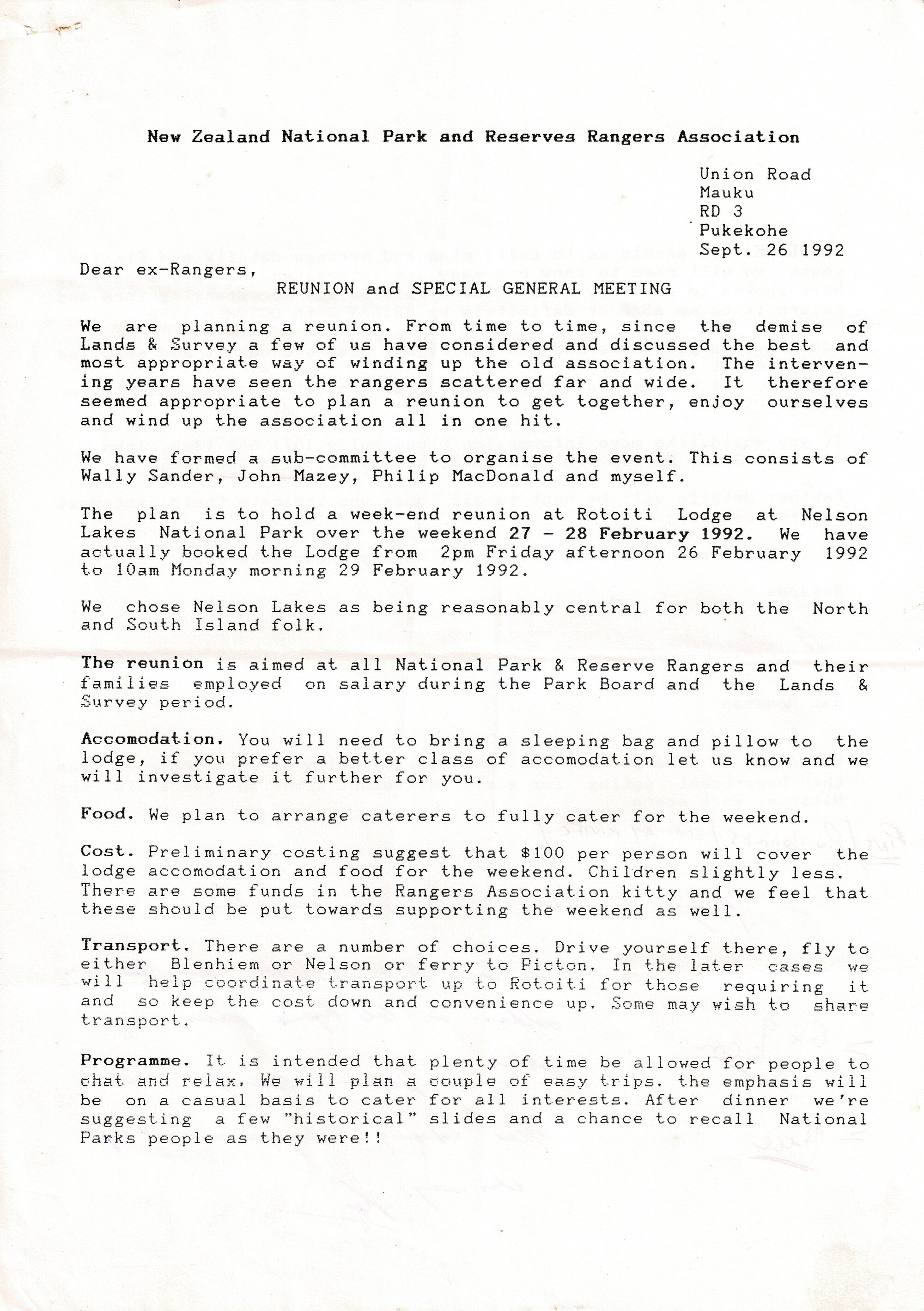 Rangers Association Invitation to 1993 Reunion and Special General Meeting-26 September 1992
