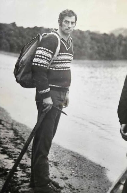 Wally Sander on the shore of Lake Waikareiti