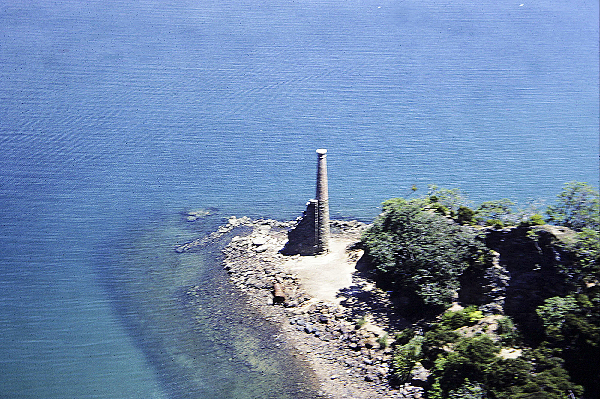 Coppermine chimney from the air, Kawau Island