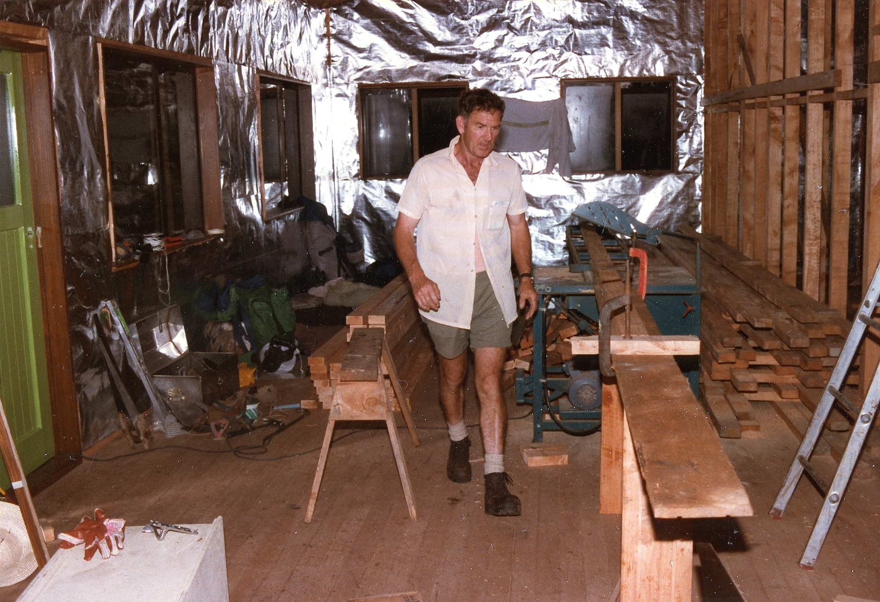 Rex Stent finishing the interior of Waingongoro Hut, Taranaki Maunga 1986
