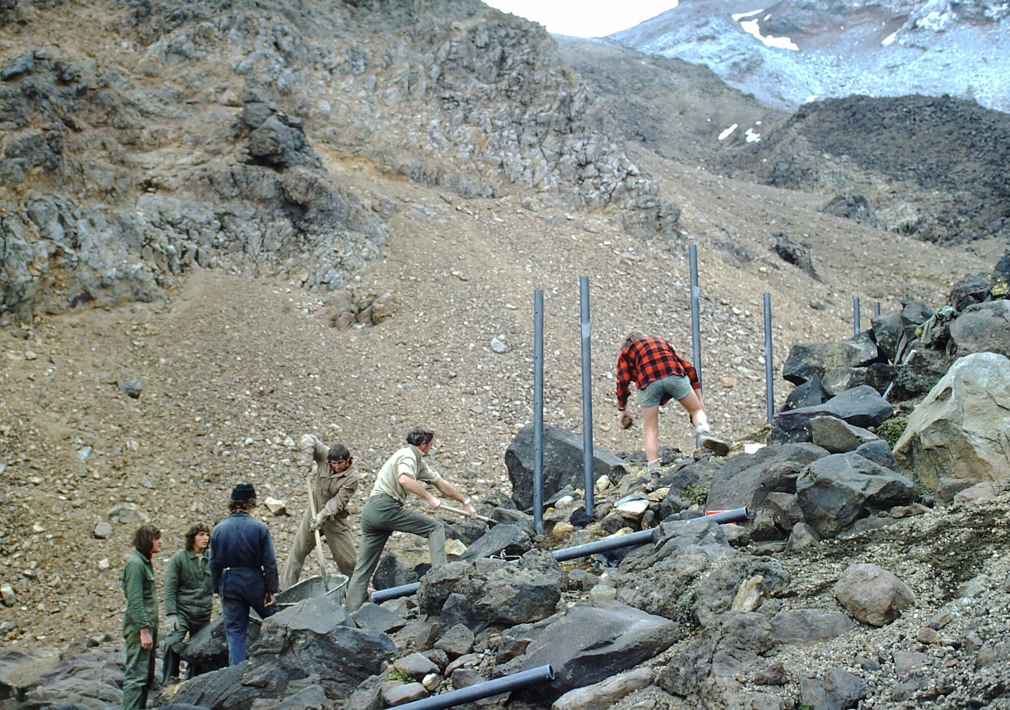 Skifield safety fence construction Tongariro National Park 1980
