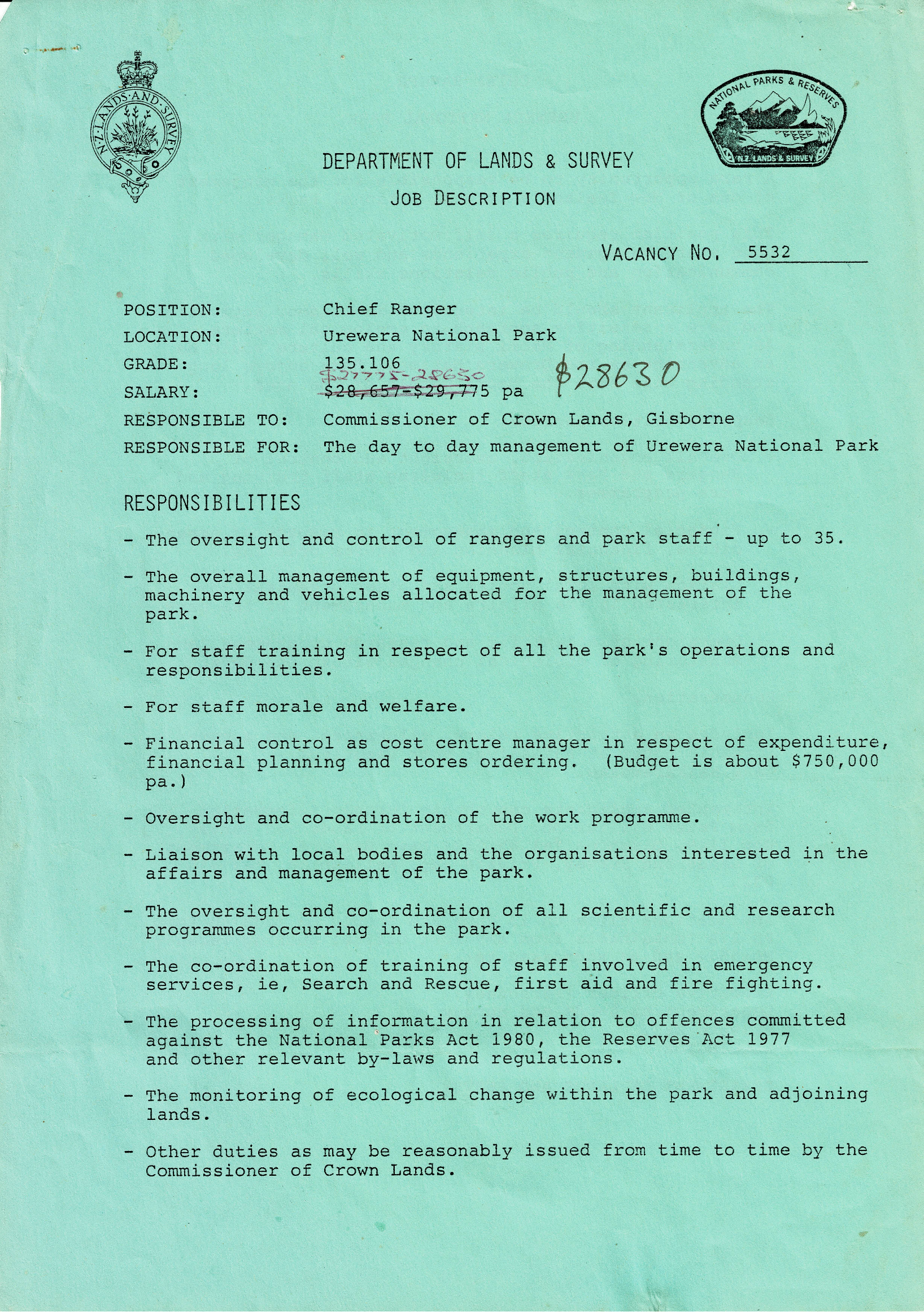Job description-Chief Ranger Te Urewera National Park 1986
