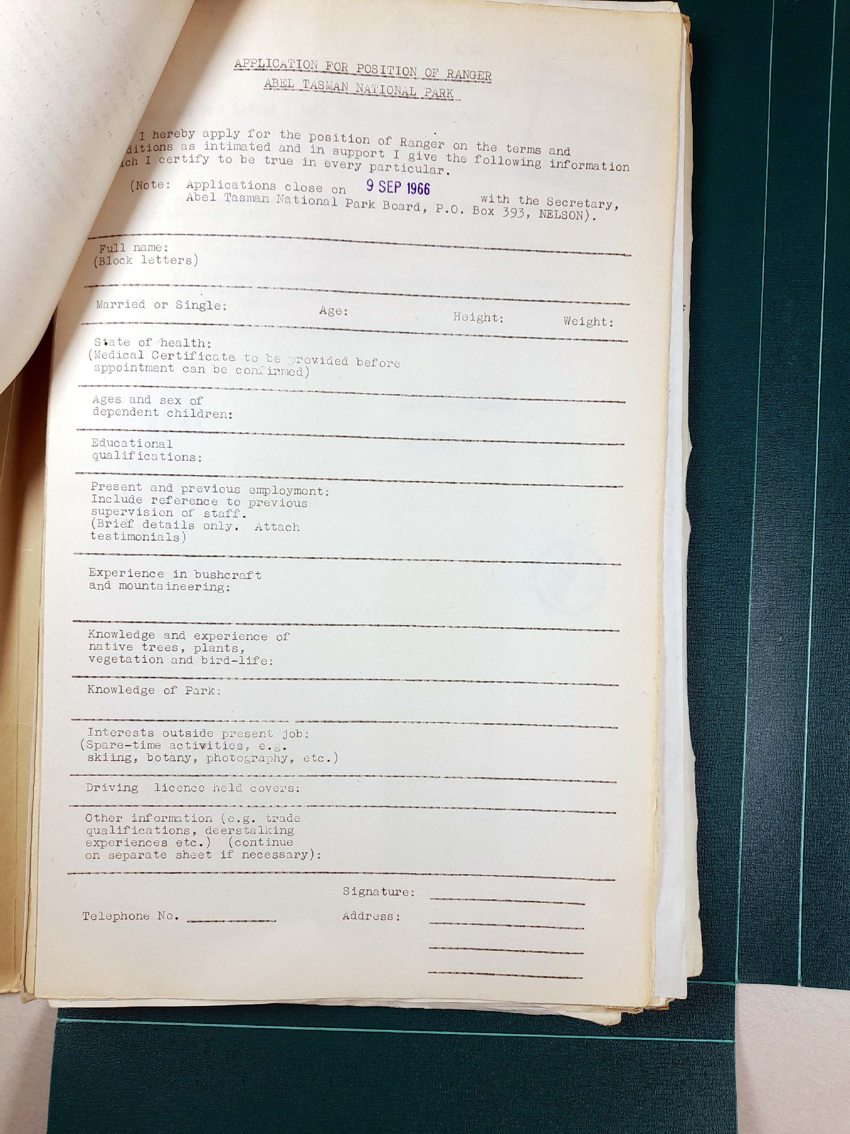 Application form for Ranger position Abel Tasman National Park 1966