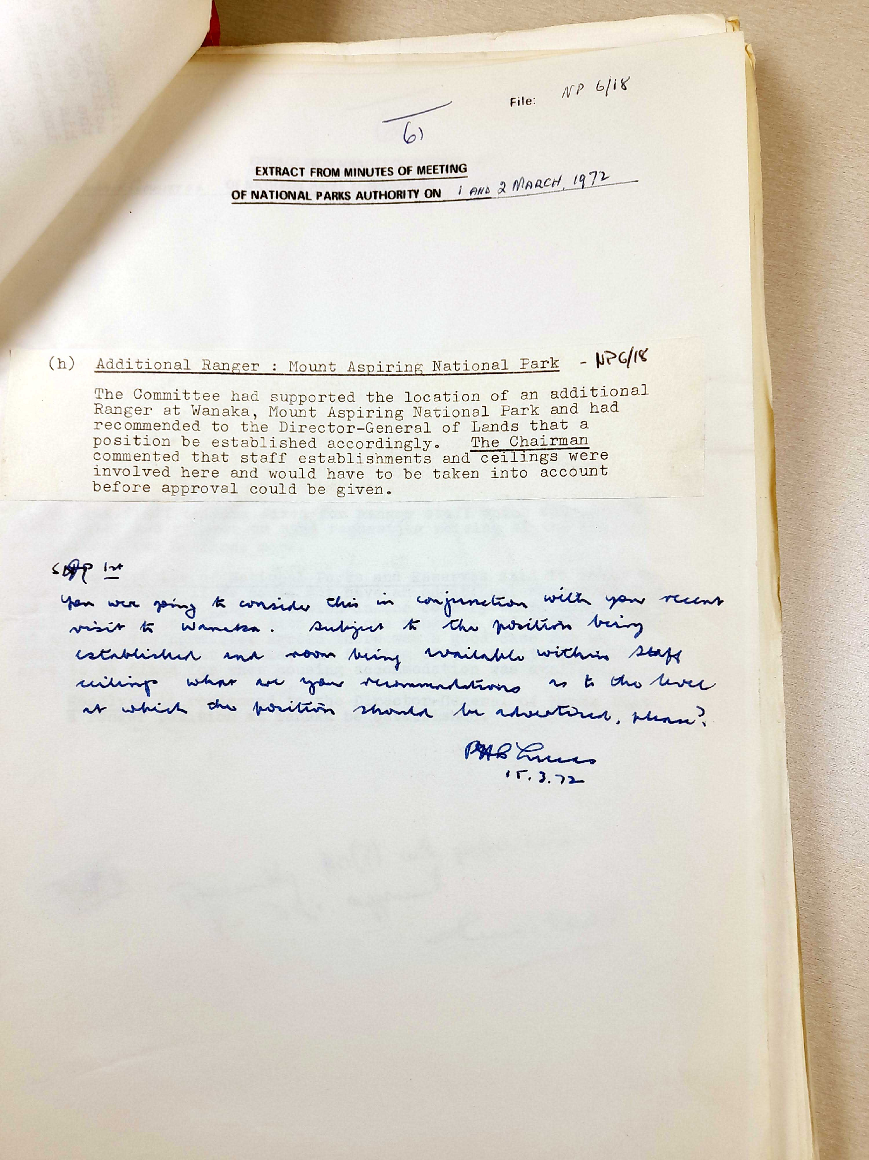 Case for employing an additional ranger-Mount Aspiring National Park 1972