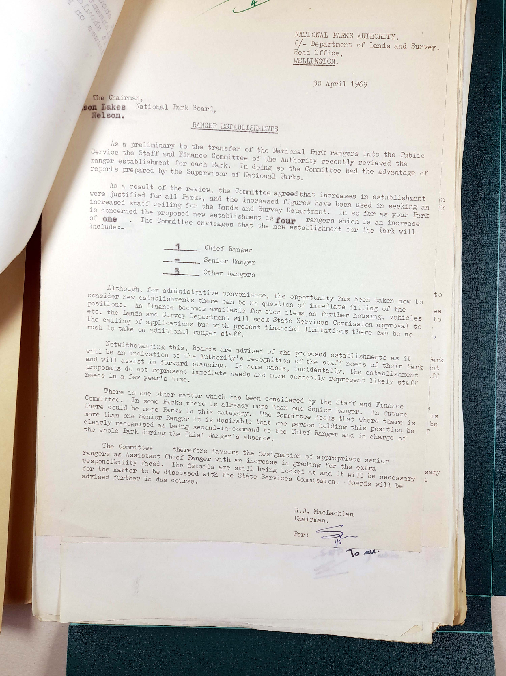 Establishment of Ranger positions with Lands &amp; Survey