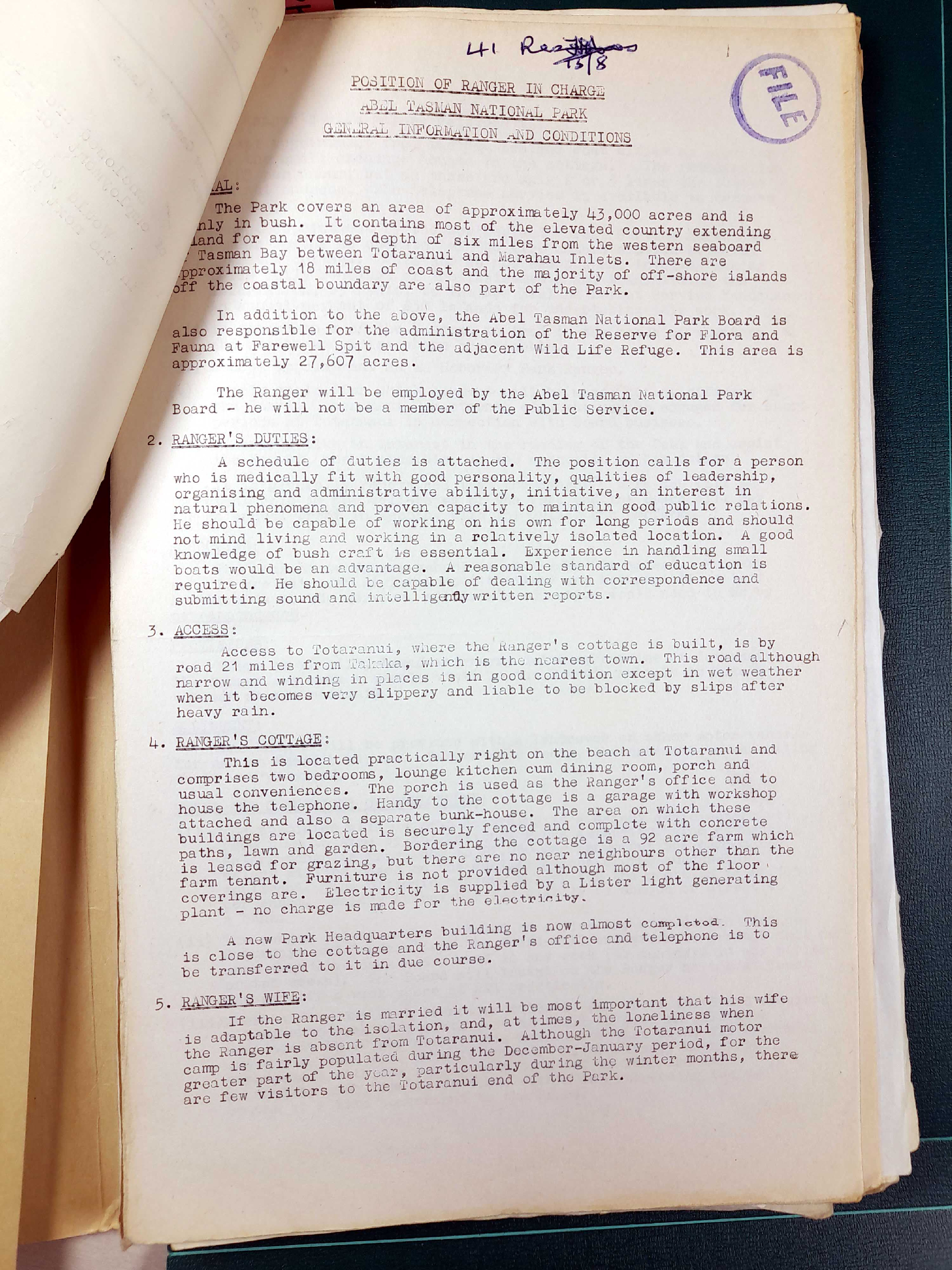 Duties of Ranger-in-Charge Abel Tasman National Park 1966