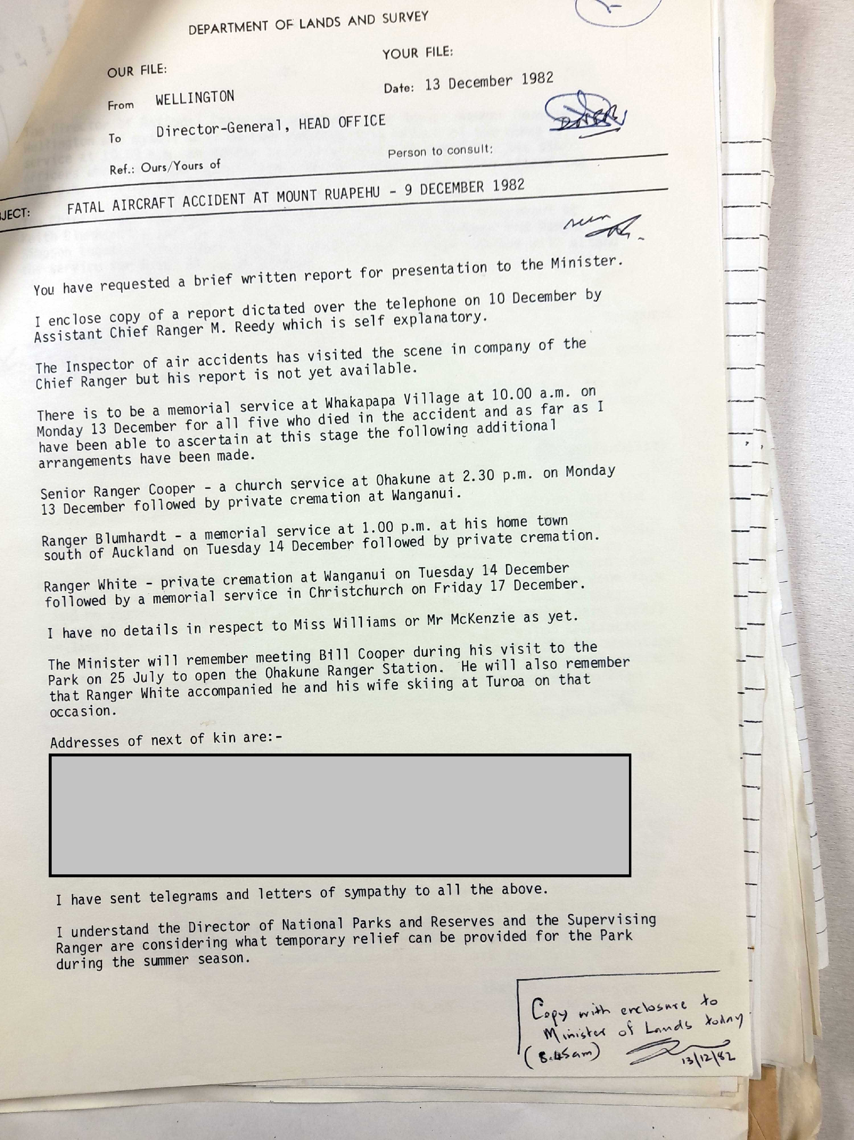 Memo to DG regarding fatal air crash on Mount Ruapehu
