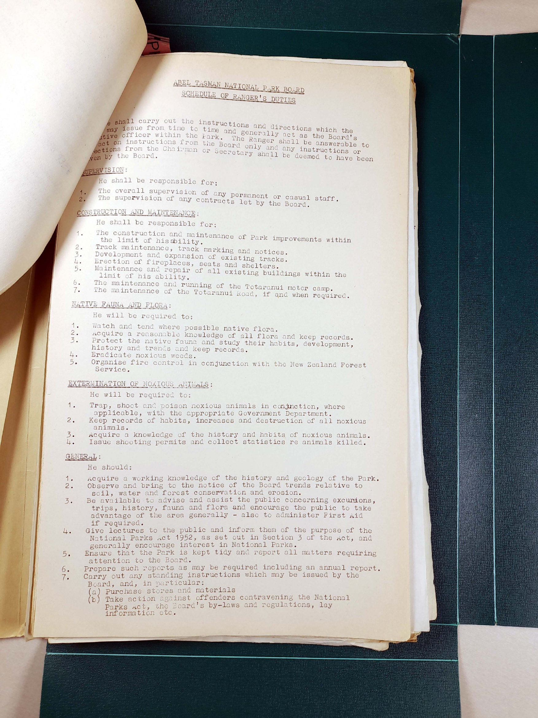 Schedule of Ranger's duties - Abel Tasman National Park 1966