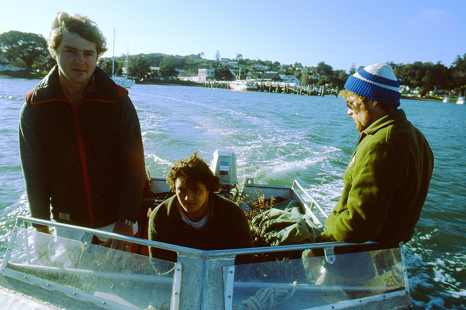 Park boat - Kuri - heading off to plant kauri on Moturua Island 1986