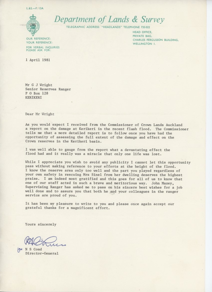 Letter to Bill Wright re Kerikeri flood 1981 from Director General