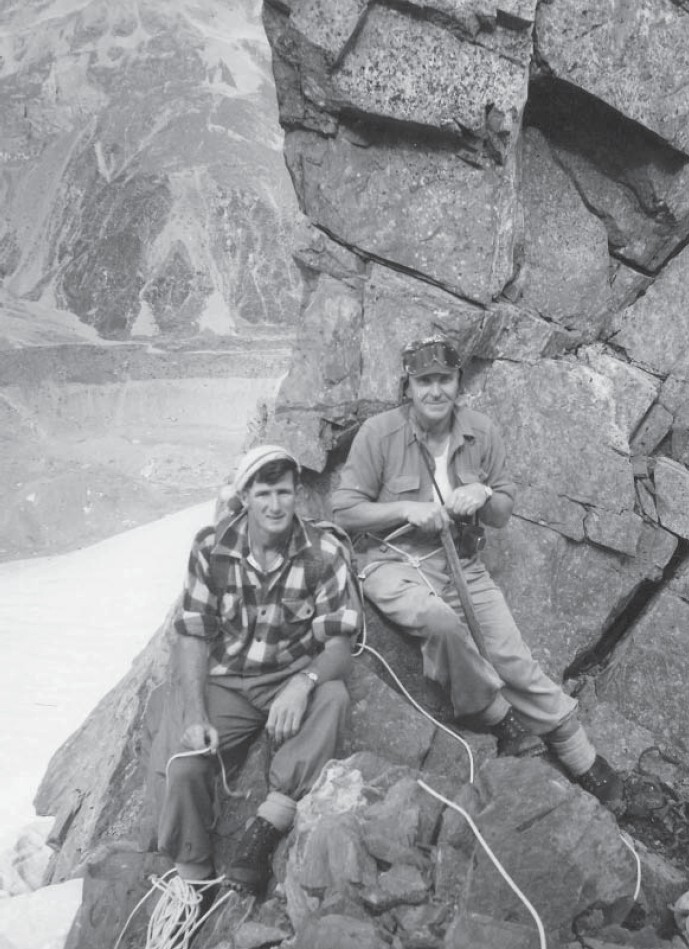 Chief Ranger Peter King (right) and Billy Brennan on the Copland Pass, 1960