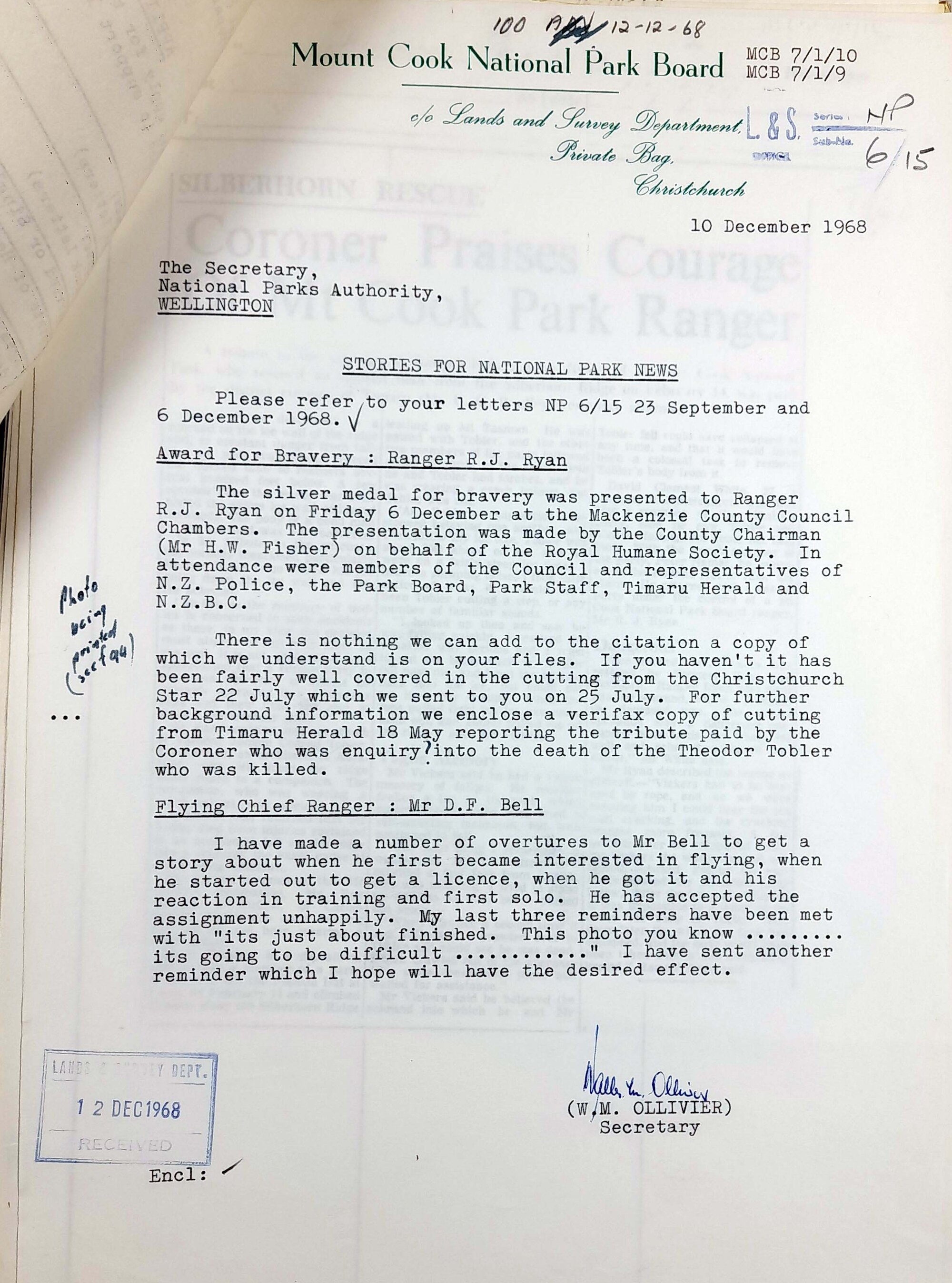 Award for bravery for Ranger R J (Bob) Ryan 1968