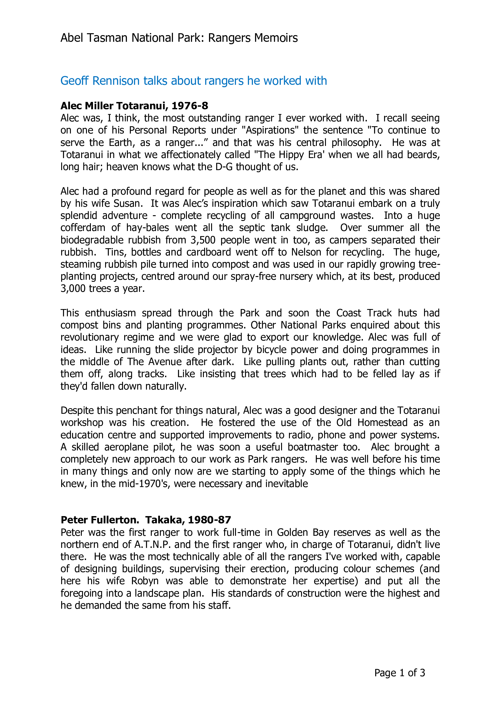 Geoff Rennison talks about rangers he worked with