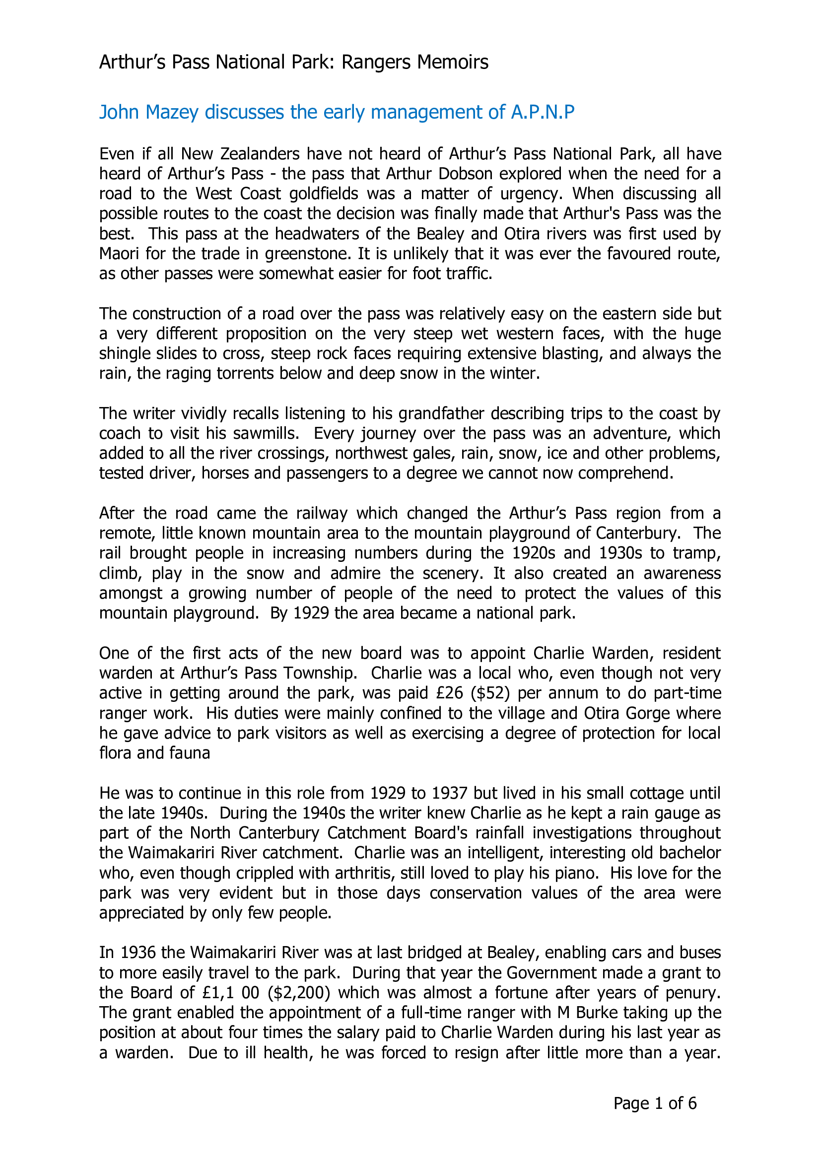 John Mazey discusses the early management of Arthur's Pass National Park