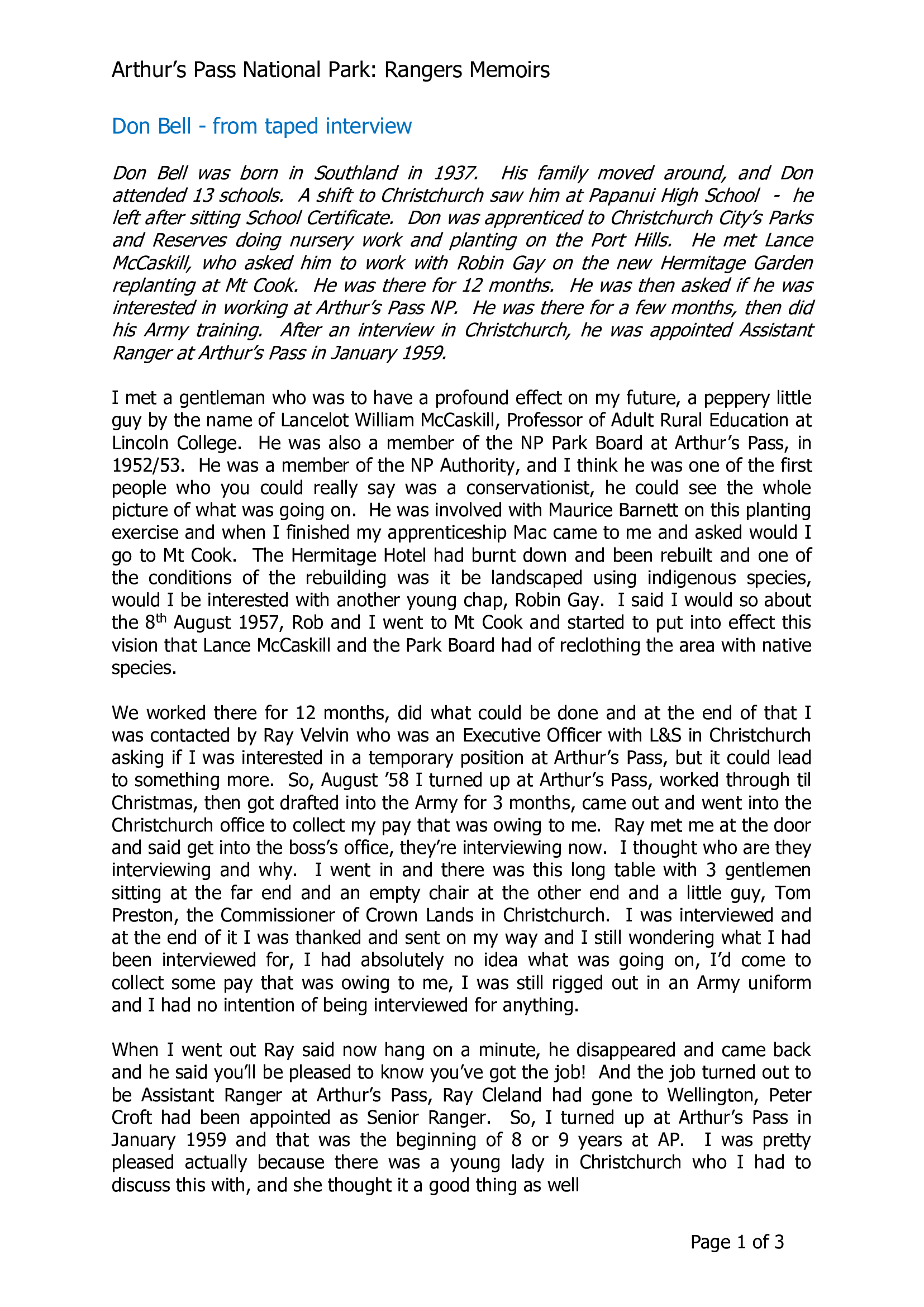 Don Bell from taped interview and Don Bell had an interesting introduction to Arthur's Pass