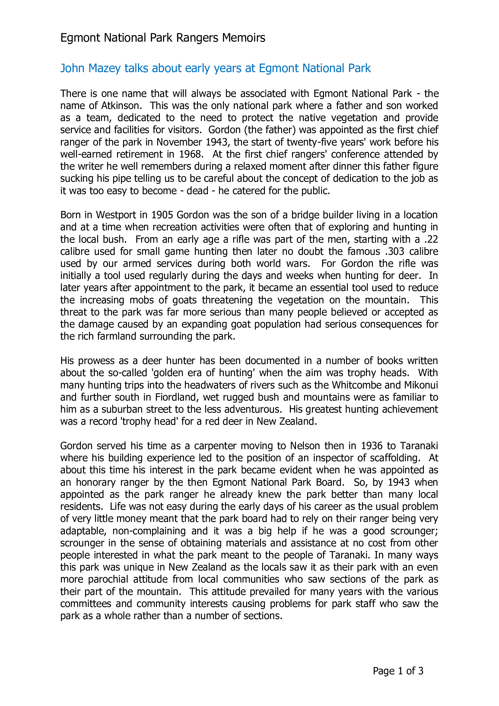 John Mazey talks about early years at Egmont National Park