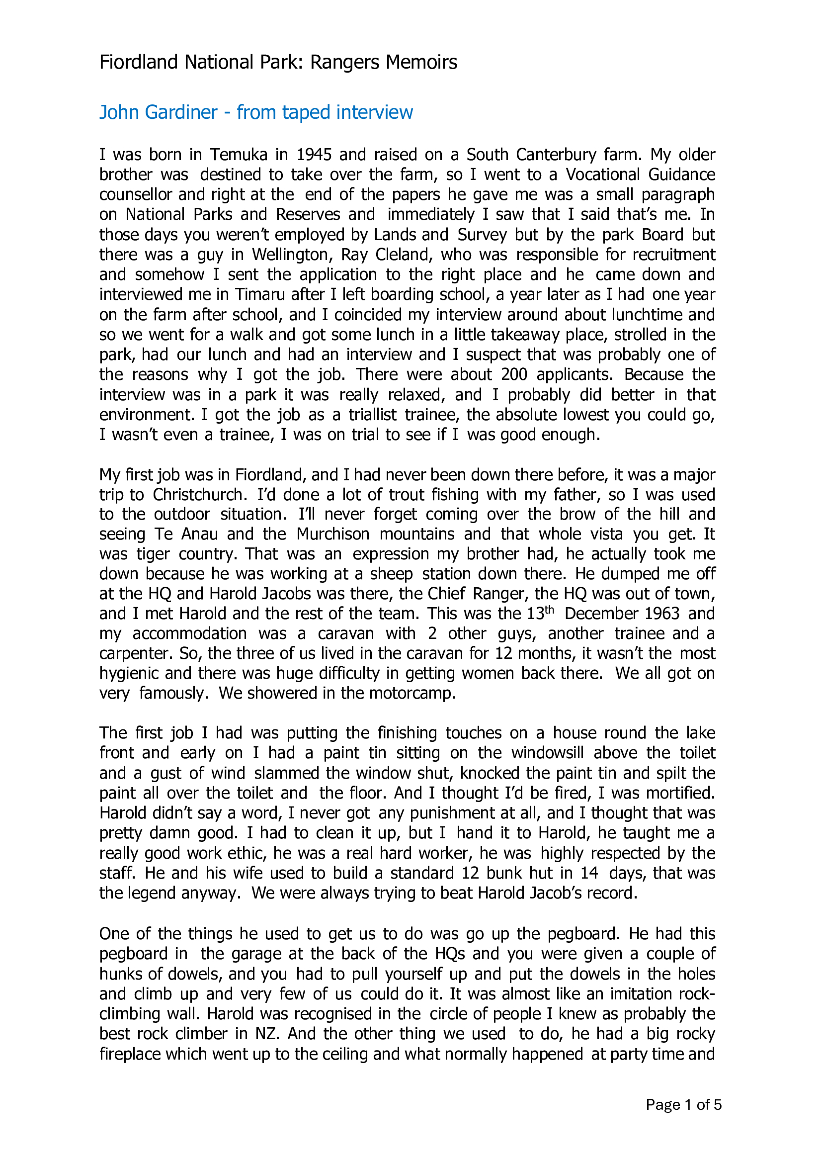 John Gardiner - Fiordland National Park - from taped interview