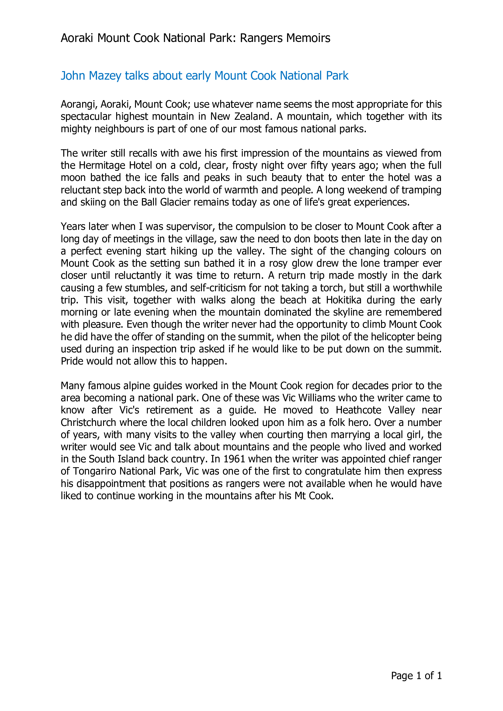 John Mazey talks about early Mount Cook National Park