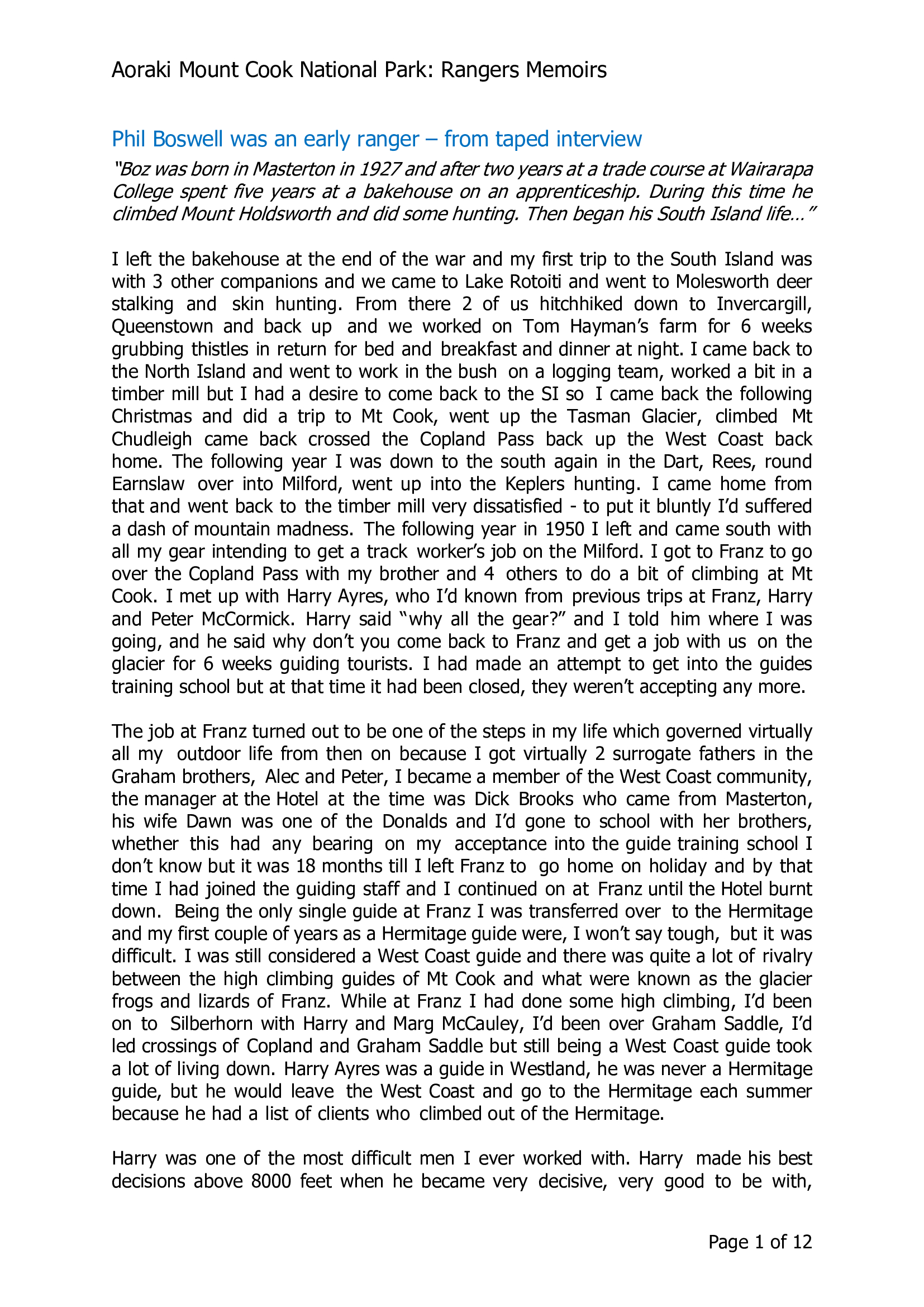 Phil Boswell was an early ranger - from taped interview