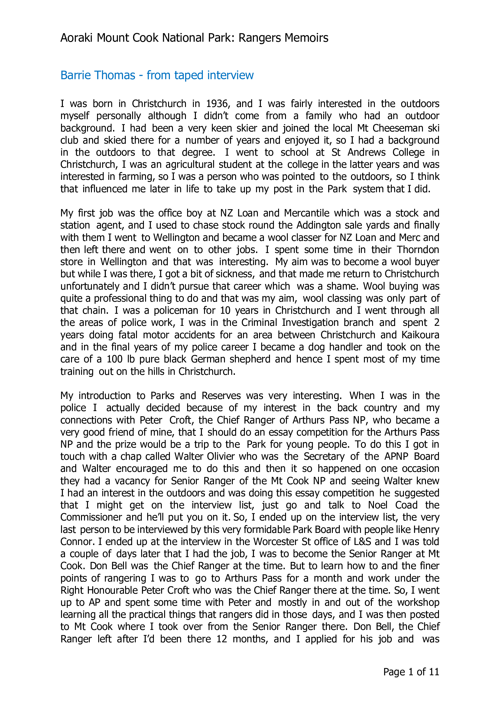 Barrie Thomas - from taped interview