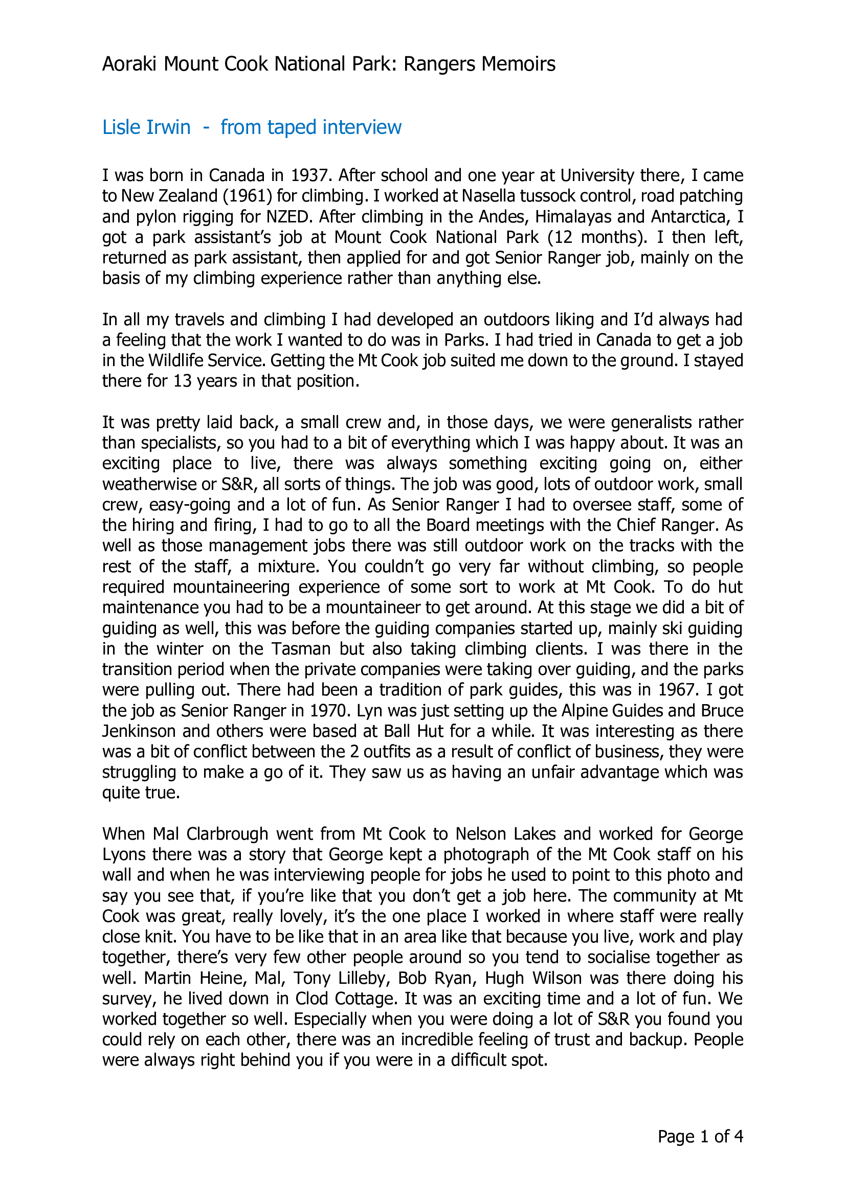 Lisle Irwin - from taped Interview