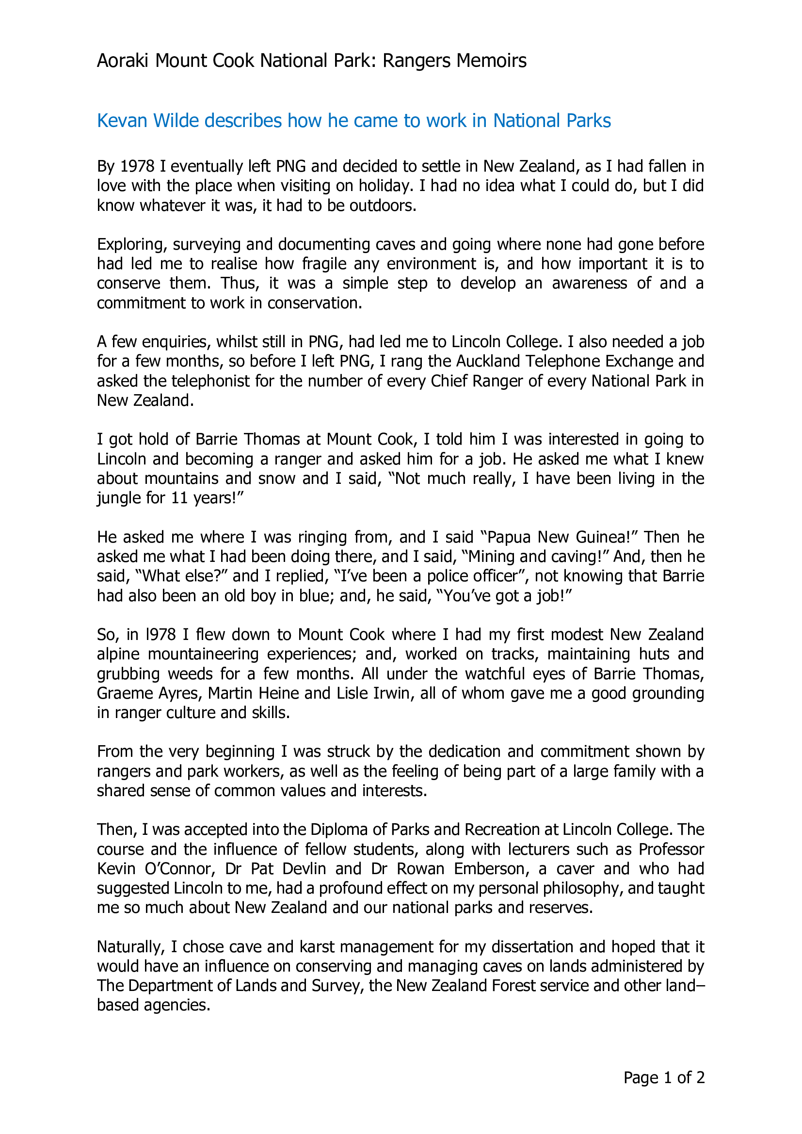 Kevan Wilde describes how he came to work in National Parks