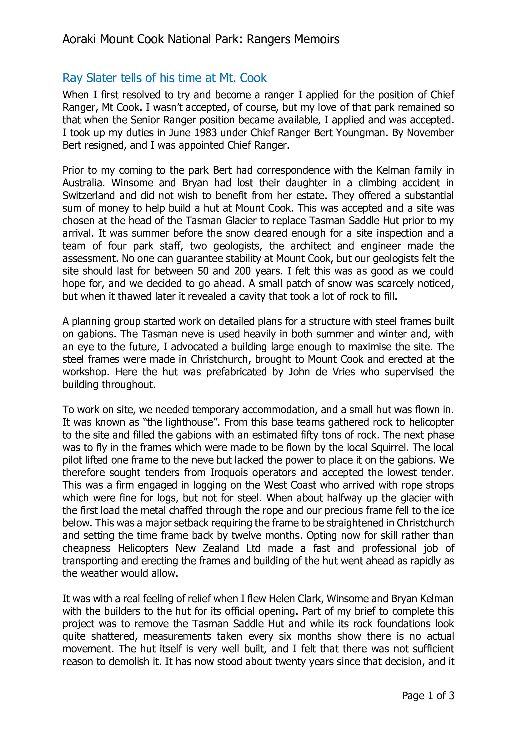 Ray Slater tells of his time at Mt. Cook