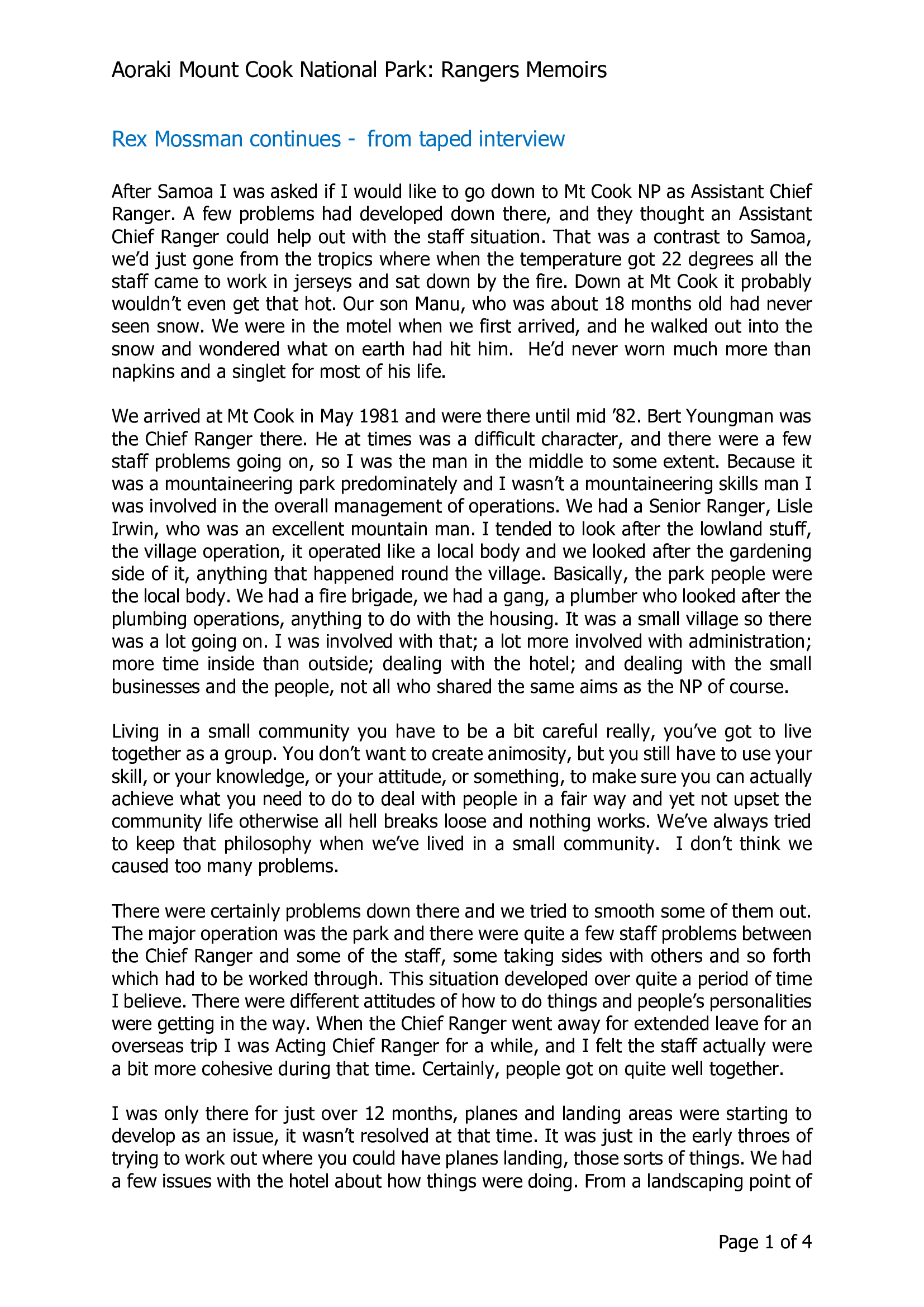 Rex Mossman continues - from taped interview