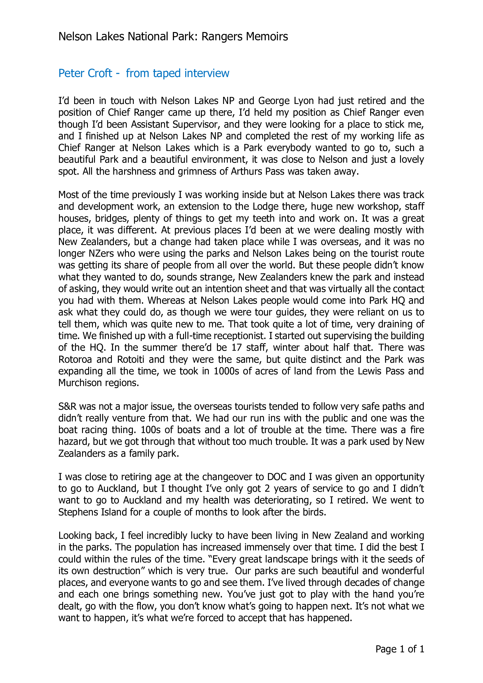 Peter Croft - from taped interview