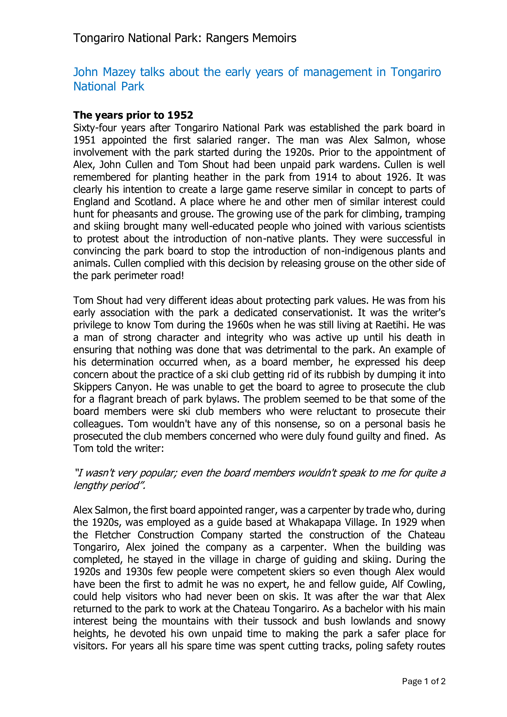 John Mazey talks about the early years of management in Tongariro National Park