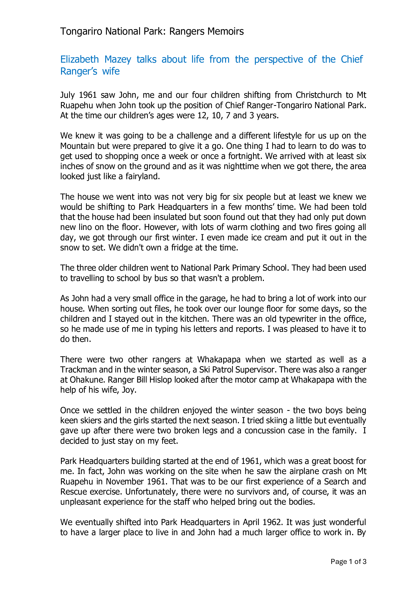 Elizabeth Mazey talks about life from the perspective of the Chief Rangers wife