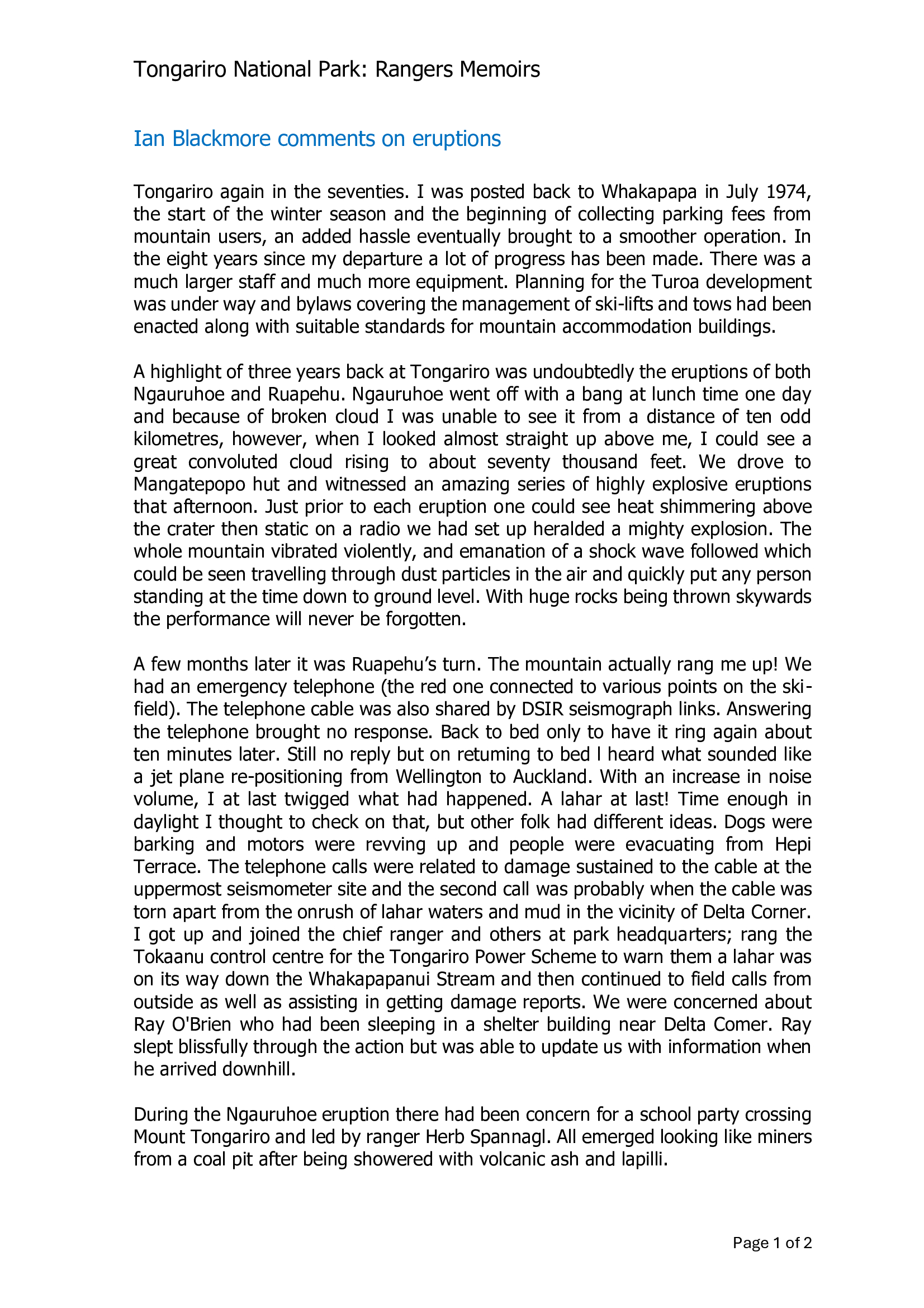 Ian Blackmore comments on eruptions