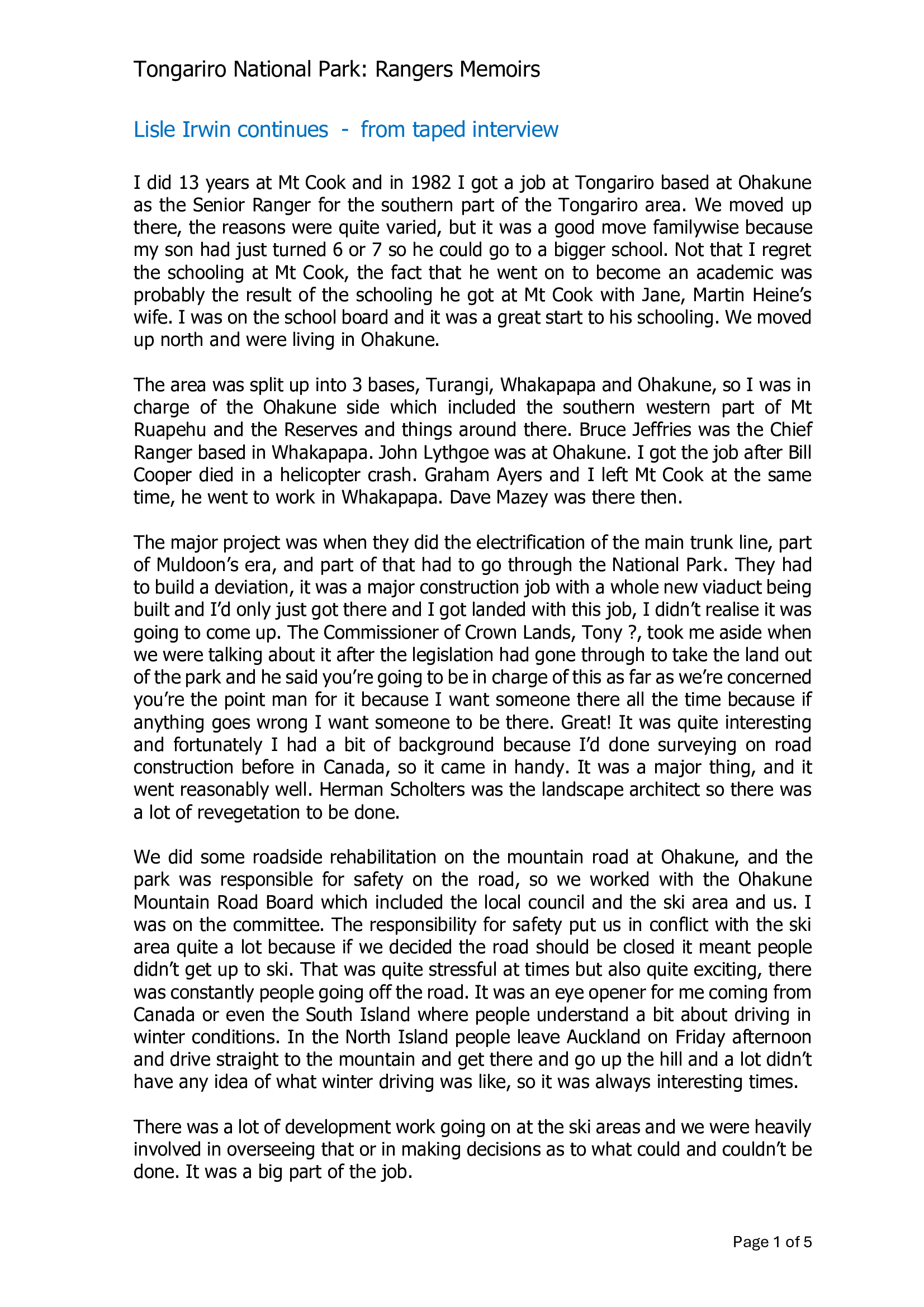 Lisle Irwin continues - from taped interview