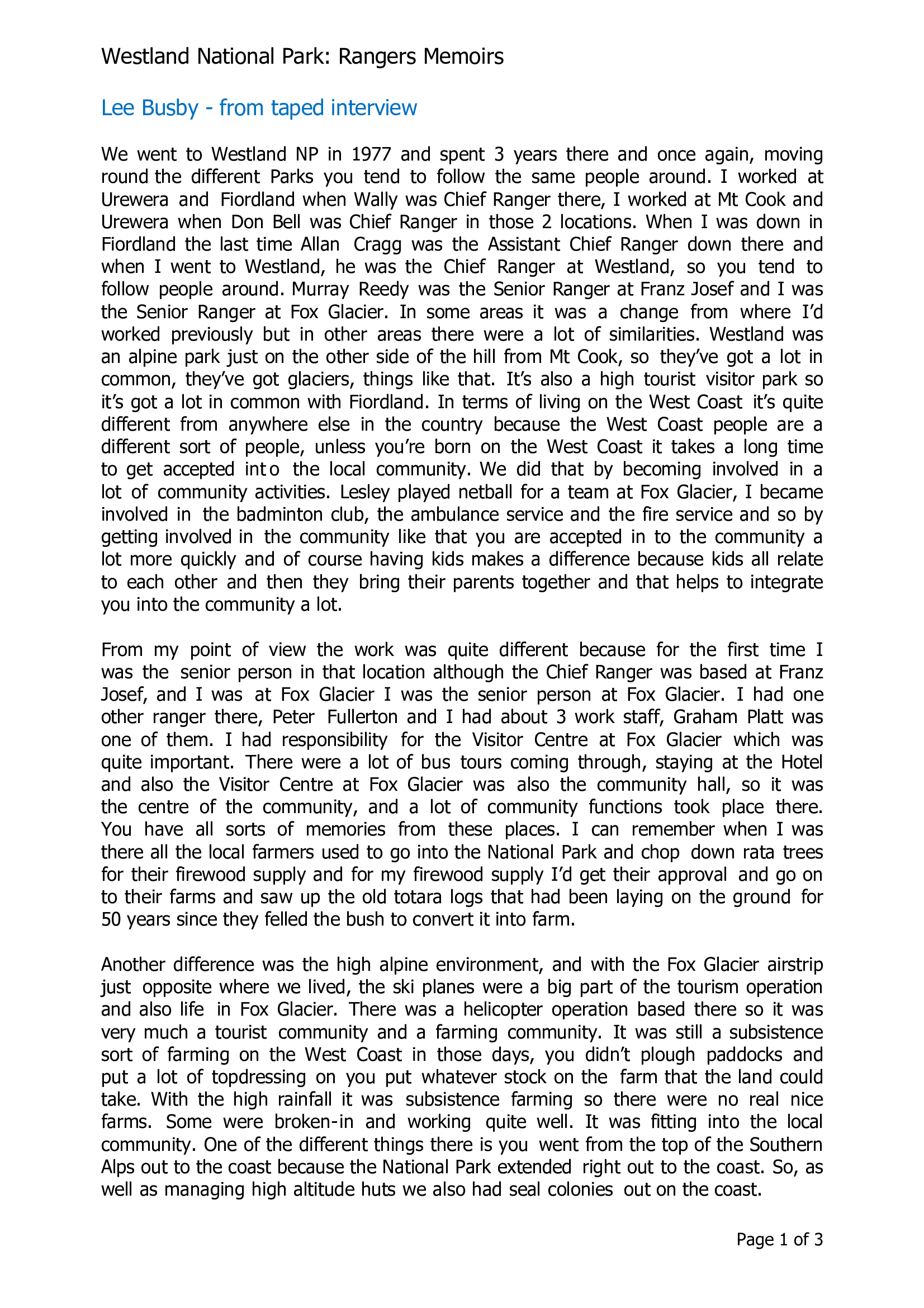 Lee Busby - from taped interview