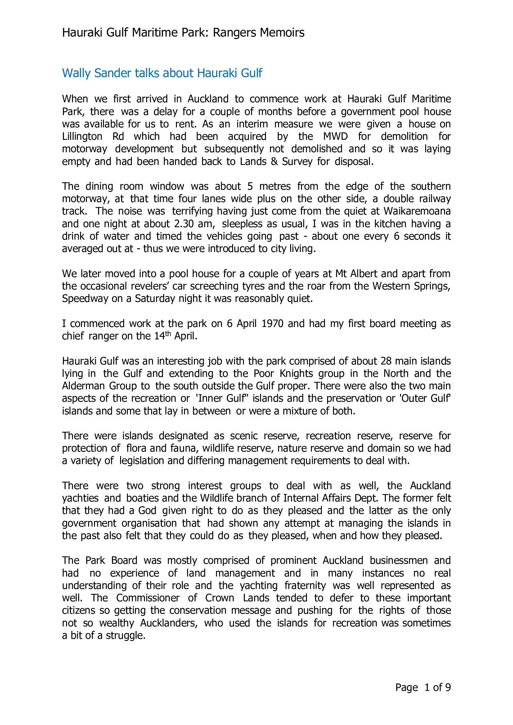 Wally Sander talks about Hauraki Gulf