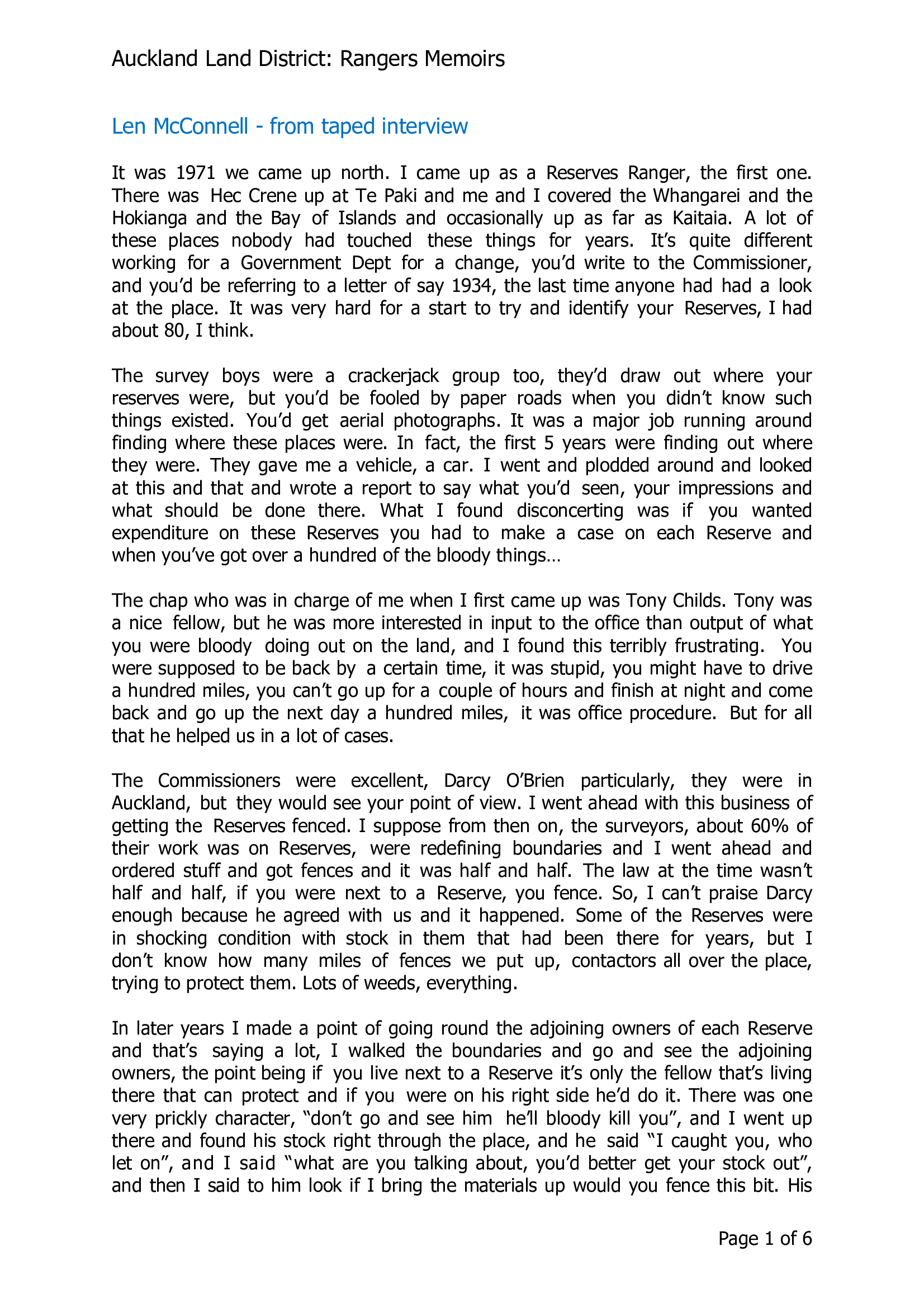 Len McConnell from taped interview and written comments