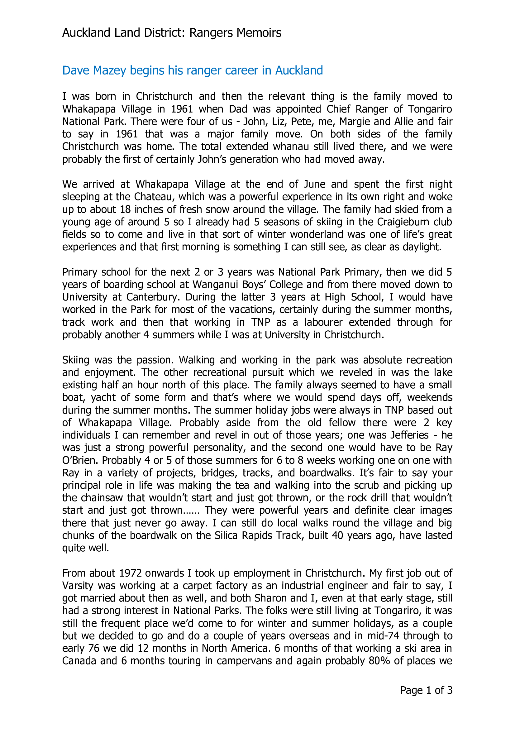 Dave Mazey begins his ranger career in Auckland