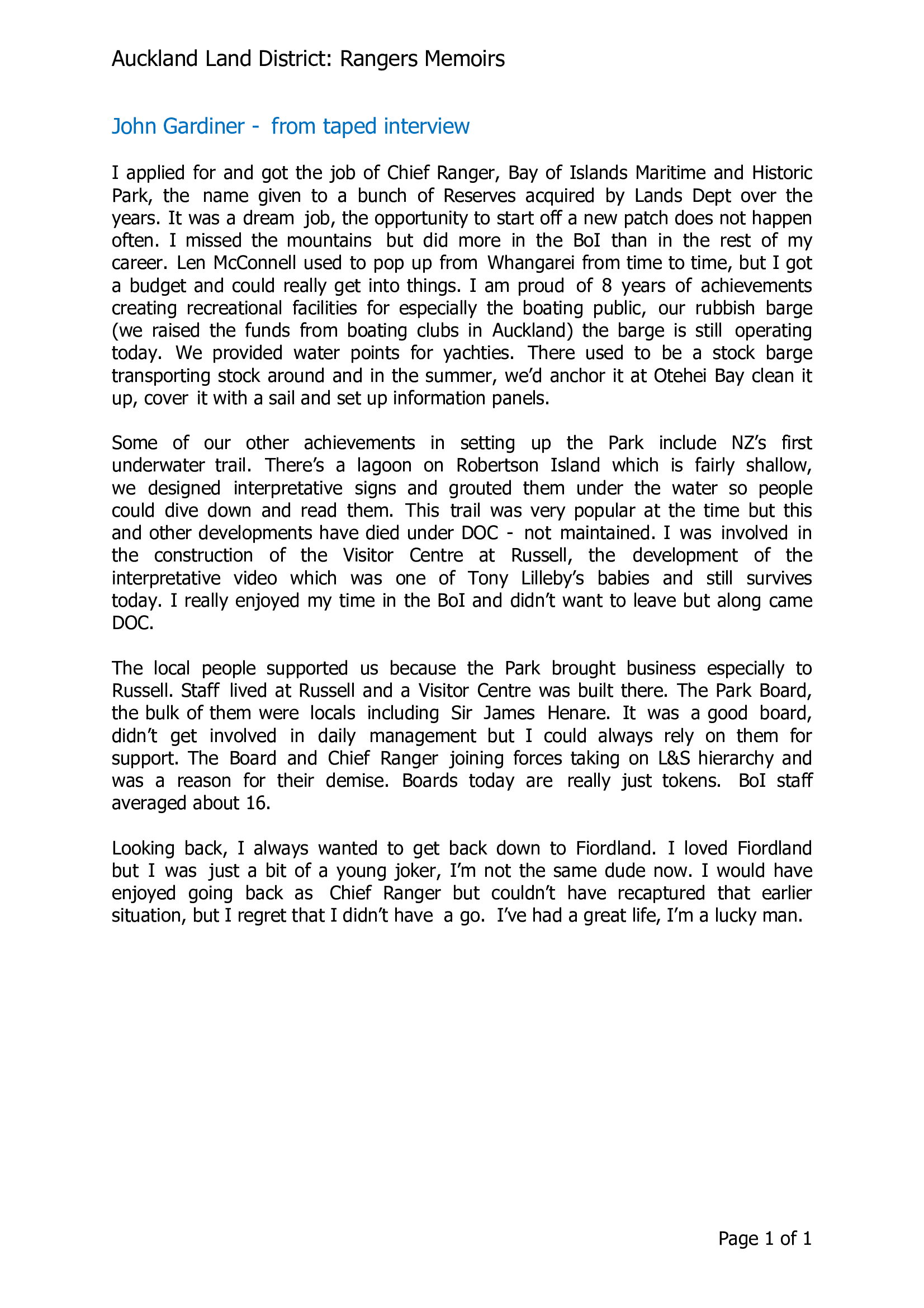 John Gardiner - Auckland Land District - from taped interview