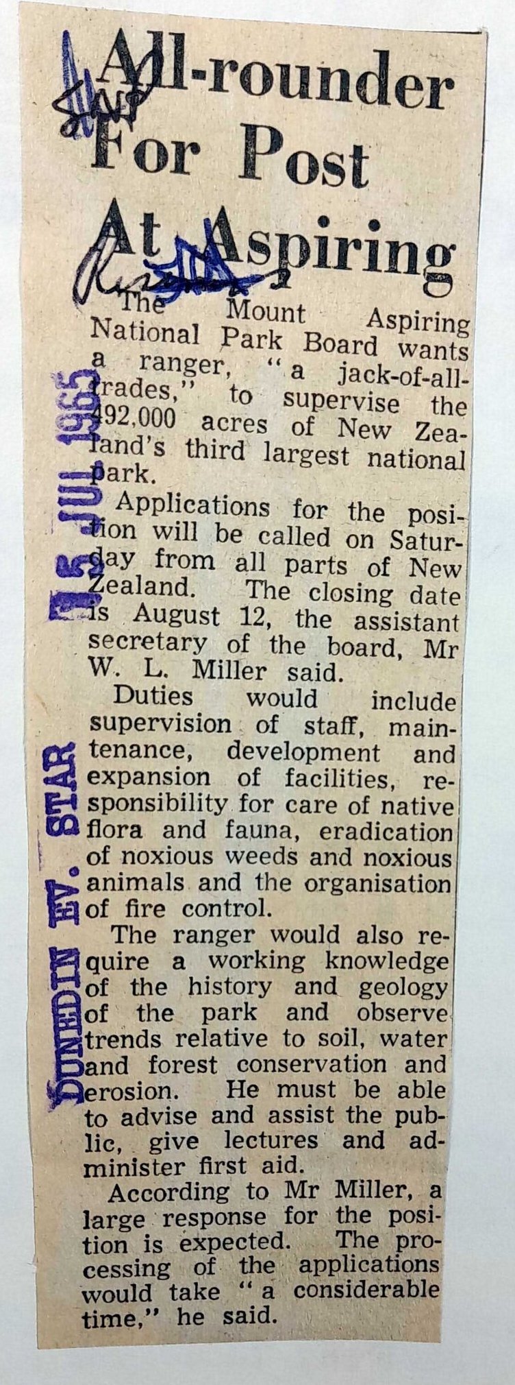 Advertisement for a Ranger position at Mount Aspiring National Park