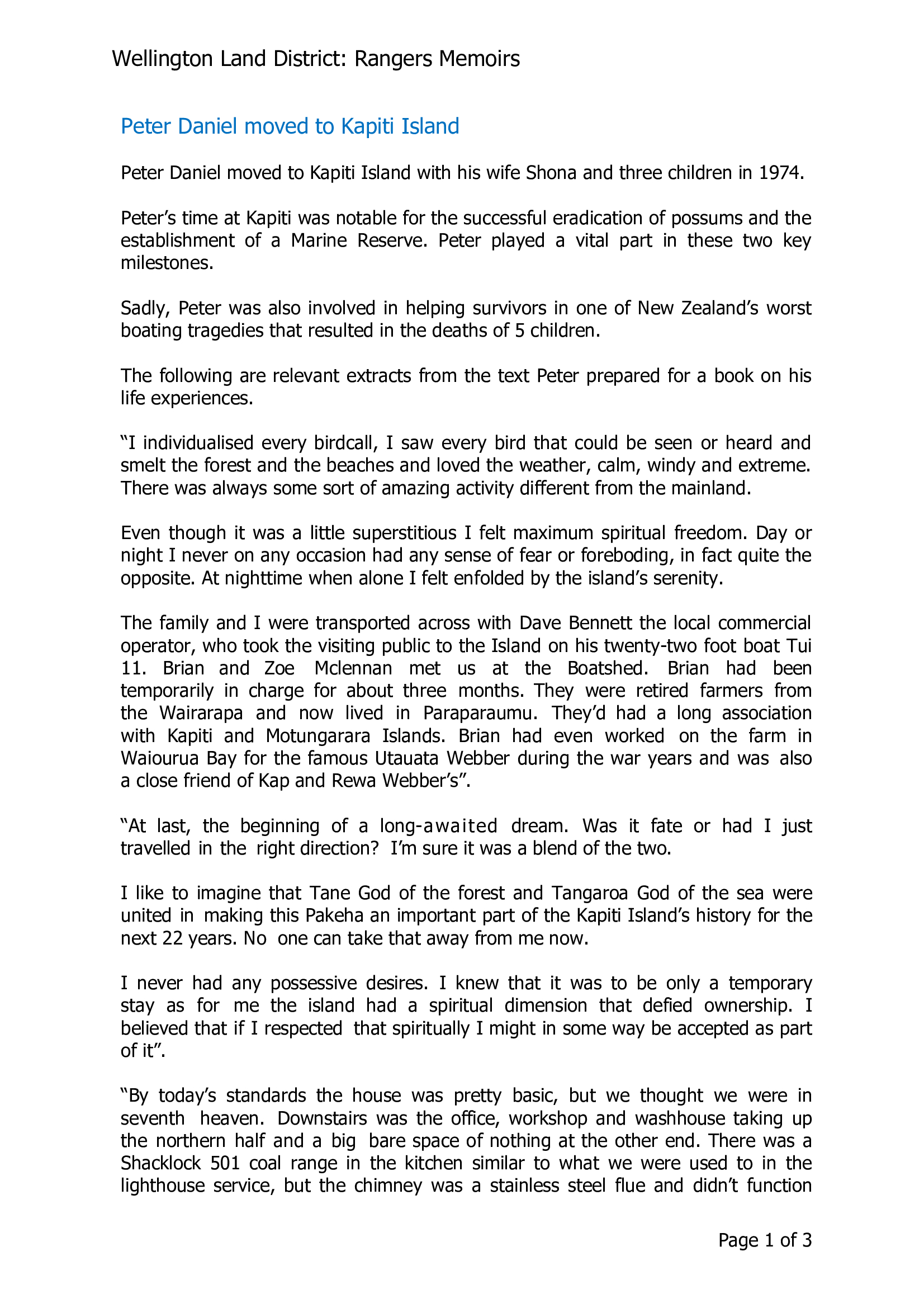 Peter Daniel moved to Kapiti Island