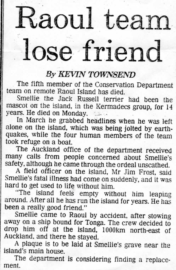 Smellie the dog - Raoul Island - obituary 1993