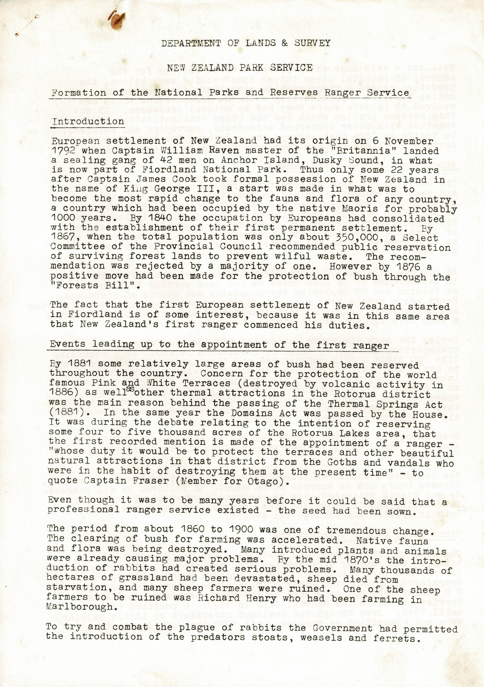 Formation of the National Parks and Reserve Ranger Service 