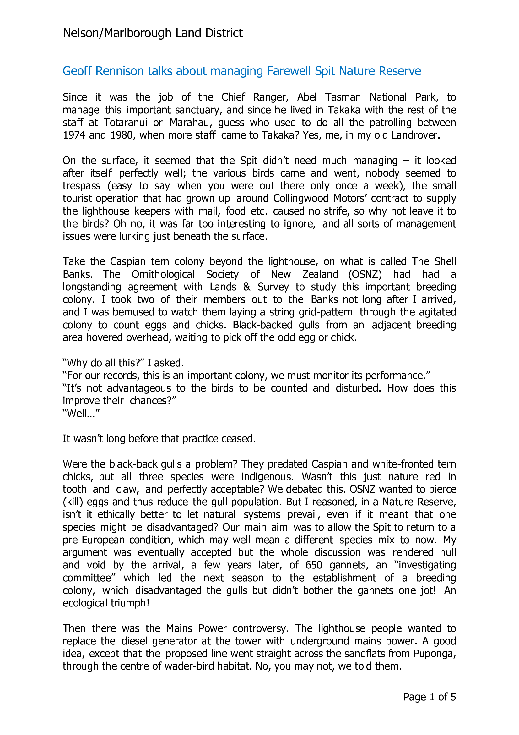 Geoff Rennison talks about managing Farewell Spit Nature Reserve and Farm Parks