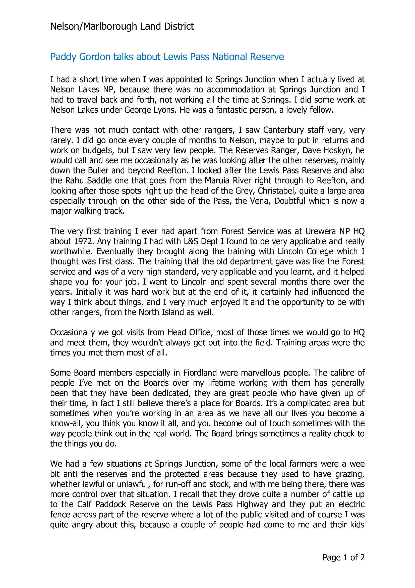 Paddy Gordon talks about Lewis Pass National Reserve