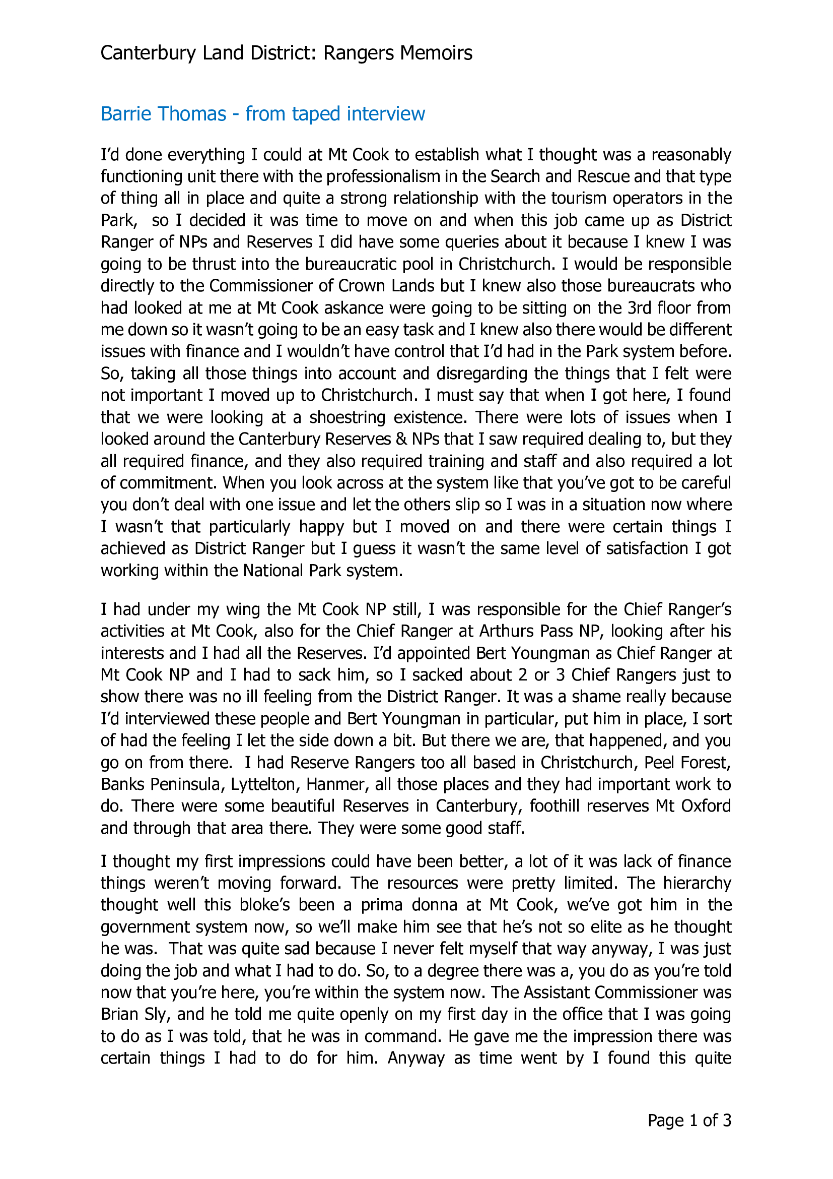 Barrie Thomas - from taped interview