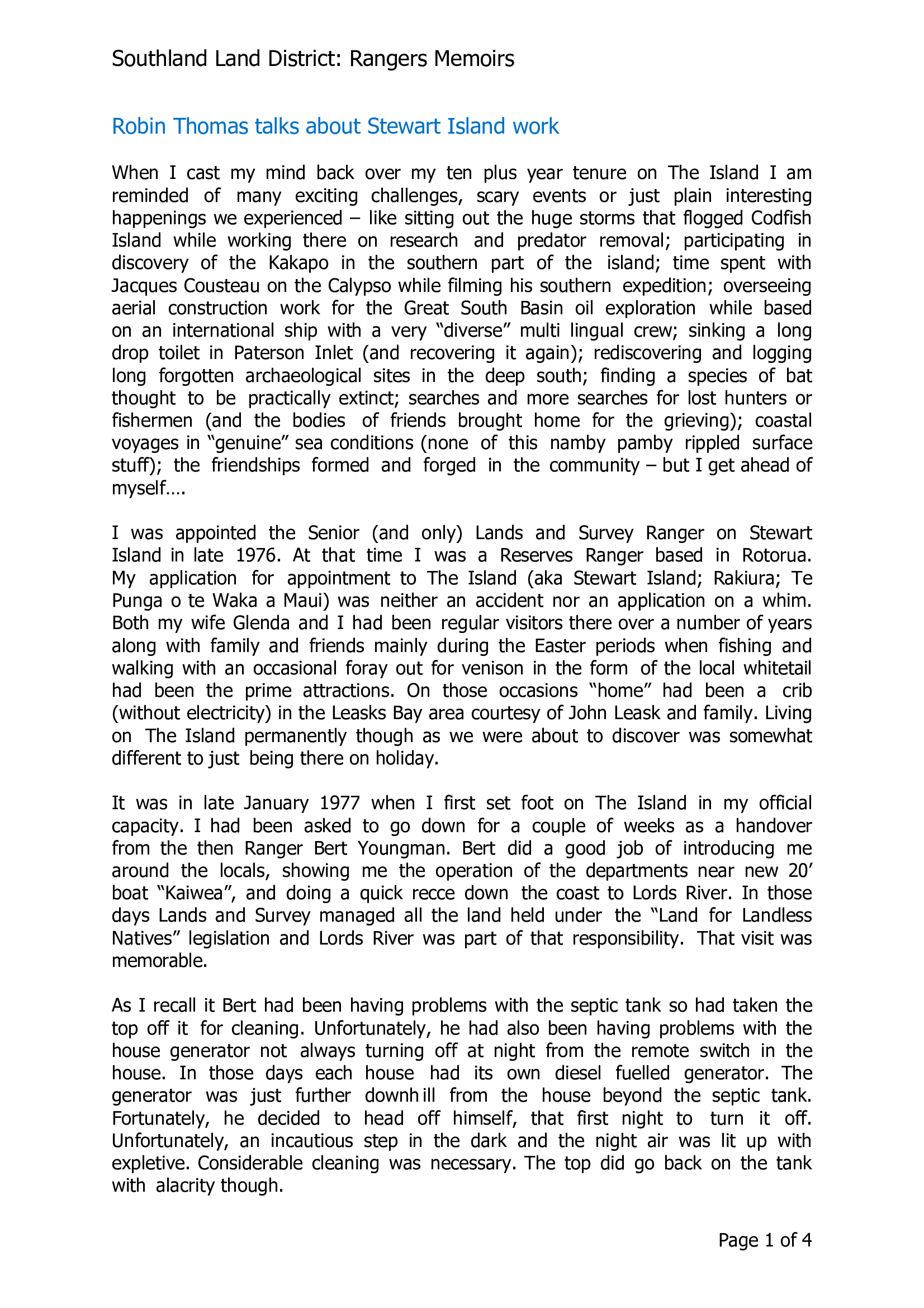 Robin Thomas talks about Stewart Island work