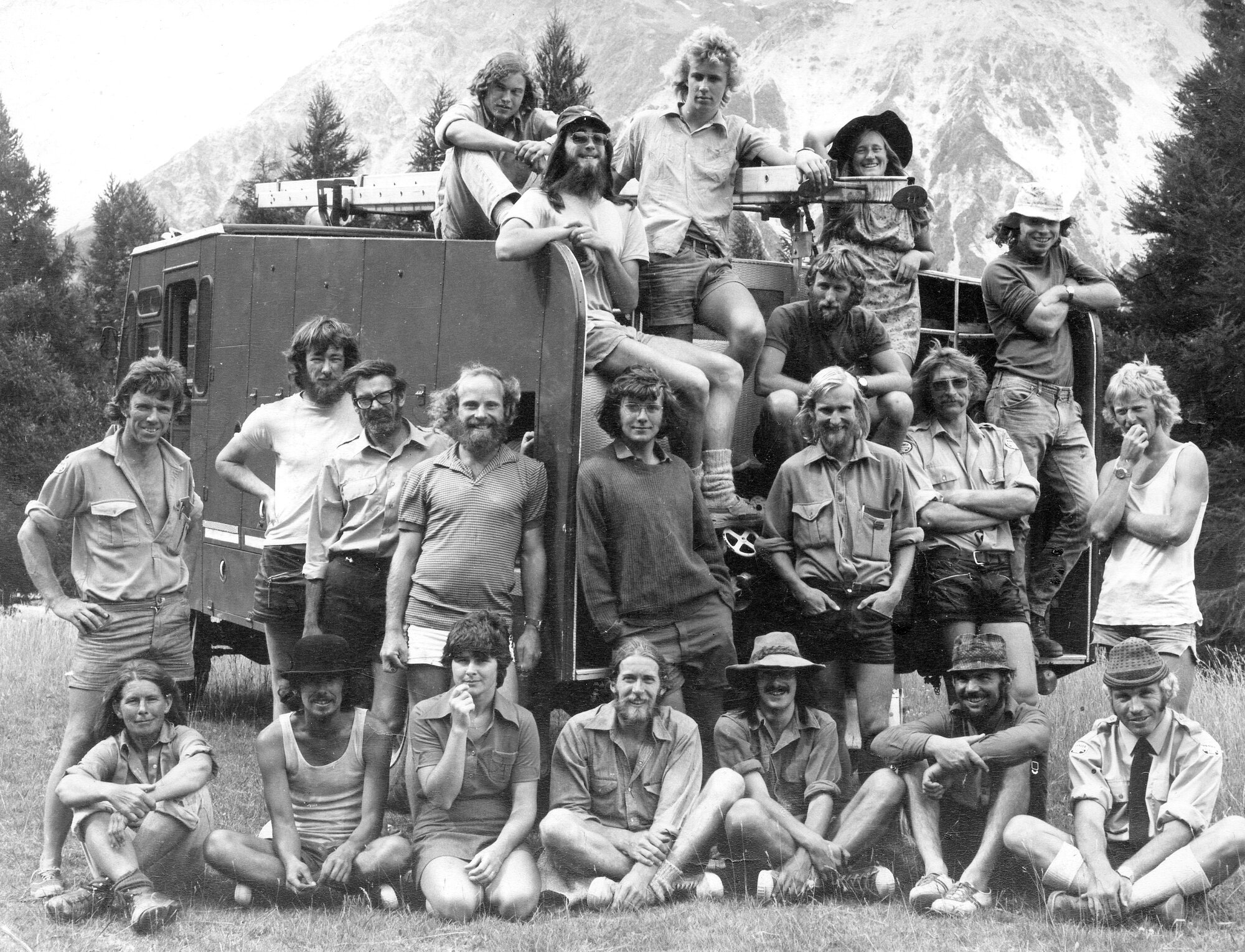 Aoraki Mount Cook National Park staff, on the village fire engine, 1975